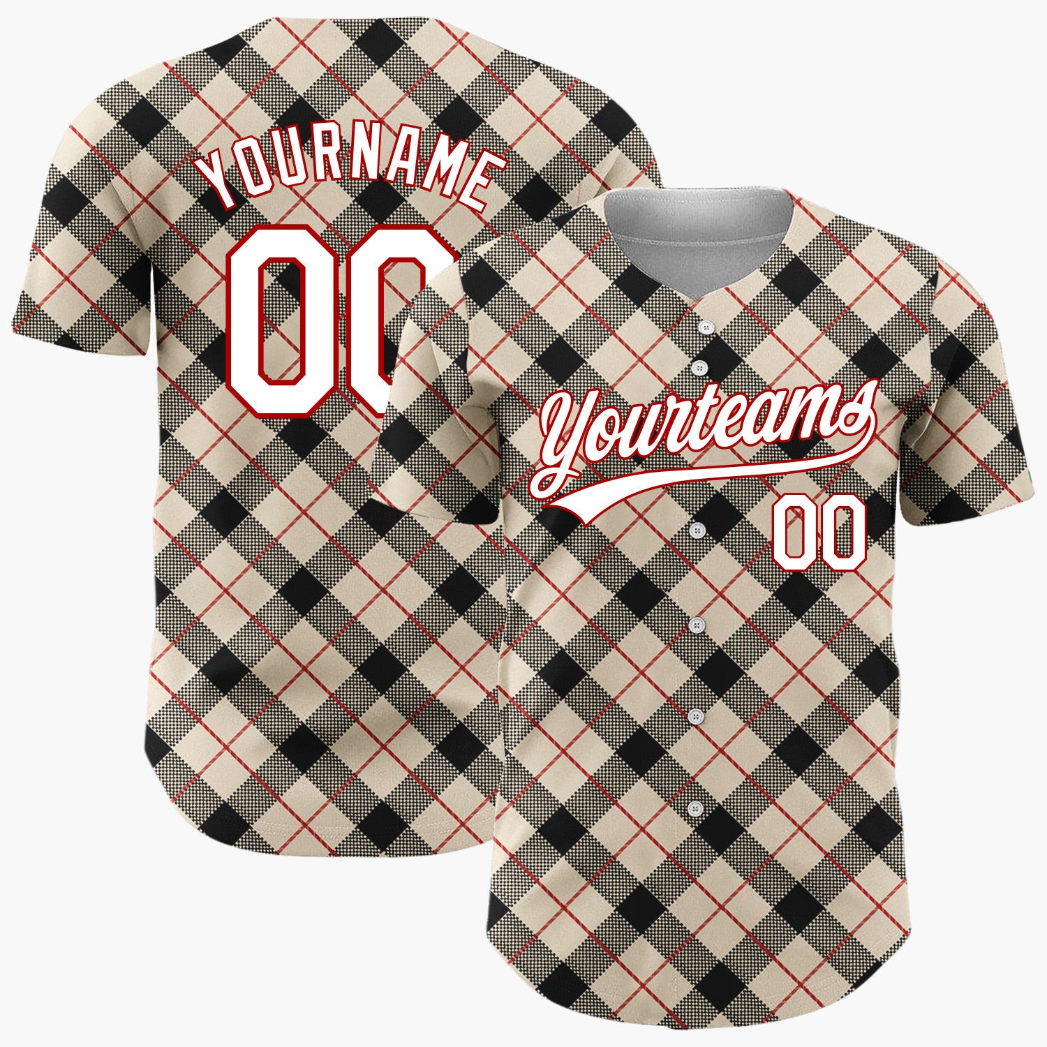 Custom Beige Black Plaid Red Accent Lines Classic Tartan Pattern Christmas Baseball Jersey