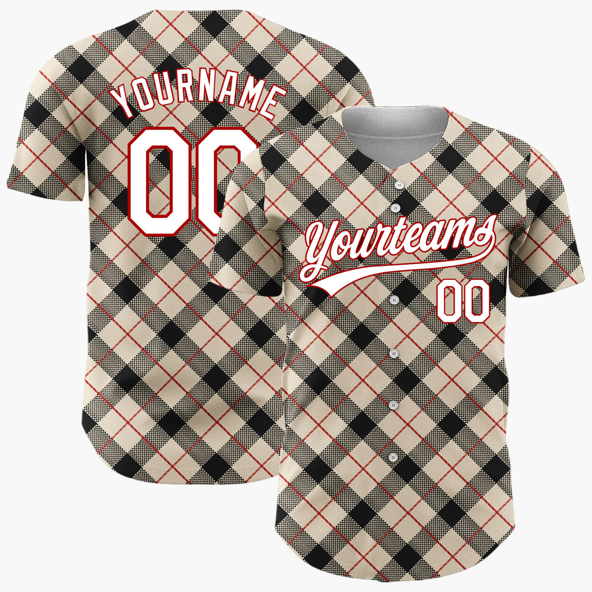 Custom Beige Black Plaid Red Accent Lines Classic Tartan Pattern Christmas Baseball Jersey