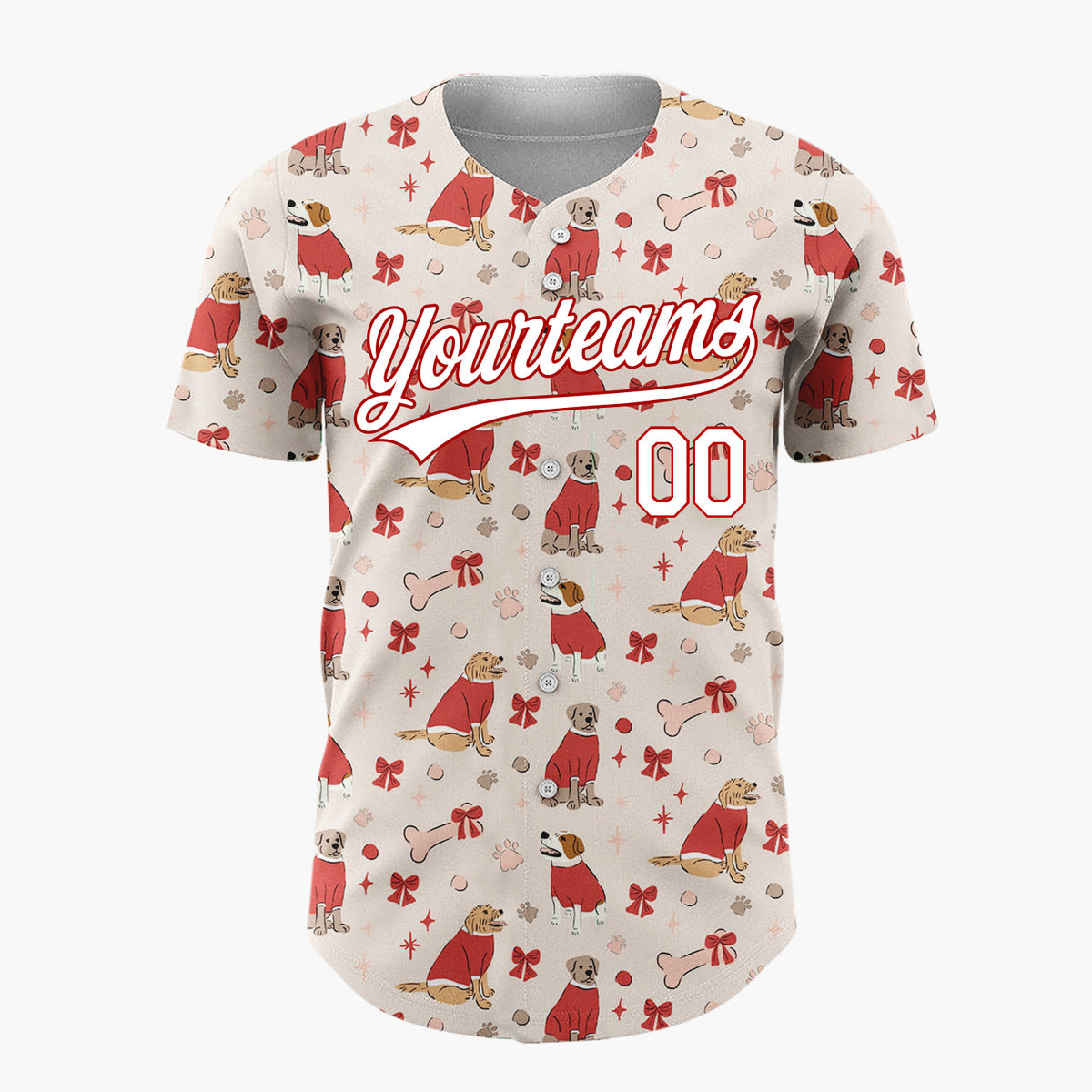 Custom Beige Red Dogs In Sweaters With Bows And Bones Cute Christmas Baseball Jersey