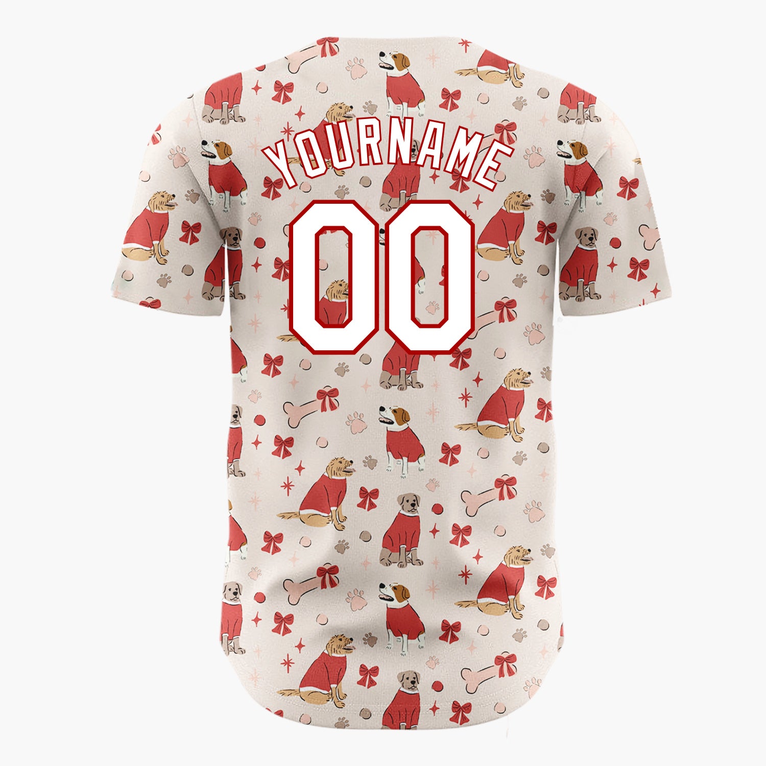 Custom Beige Red Dogs In Sweaters With Bows And Bones Cute Christmas Baseball Jersey