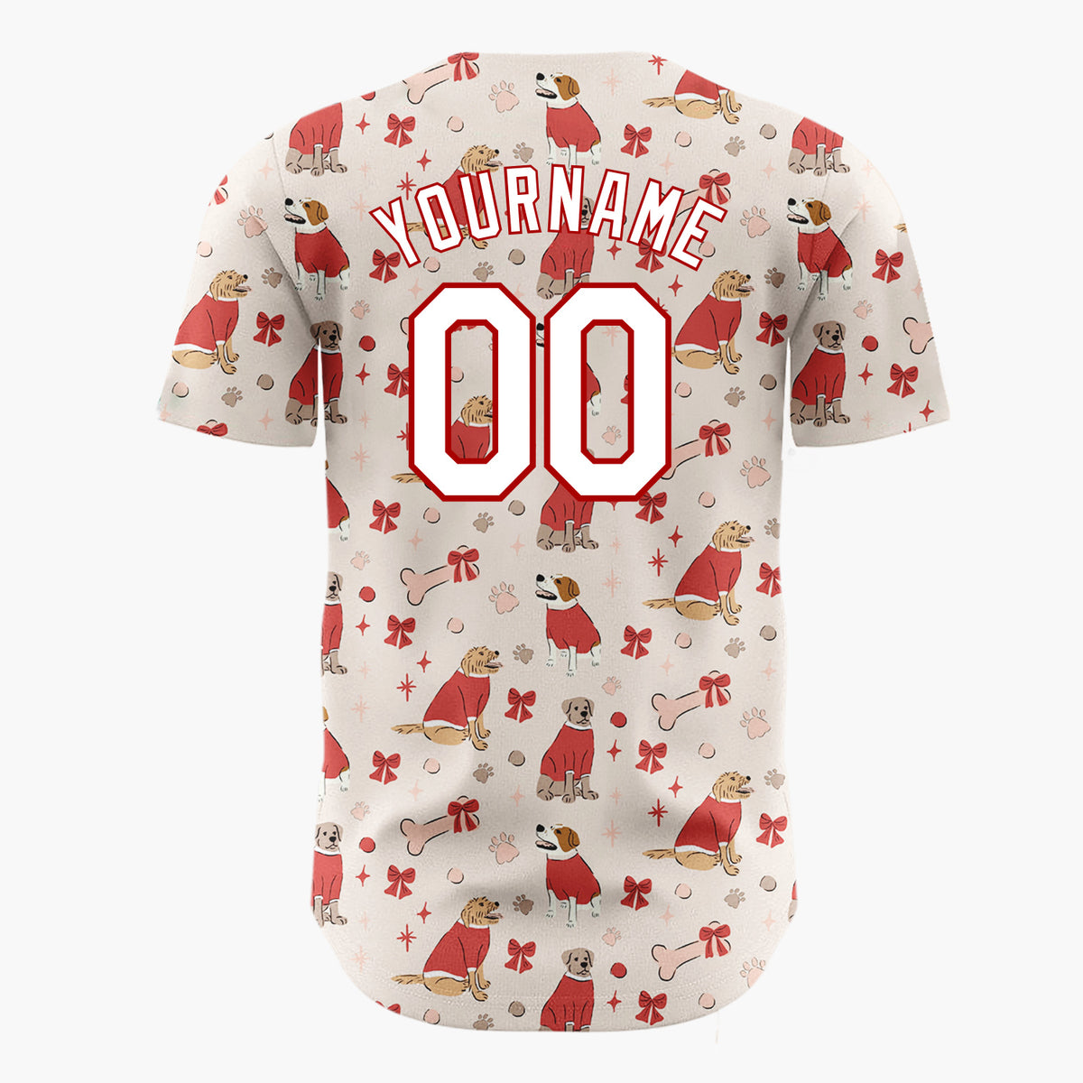 Custom Beige Red Dogs In Sweaters With Bows And Bones Cute Christmas Baseball Jersey