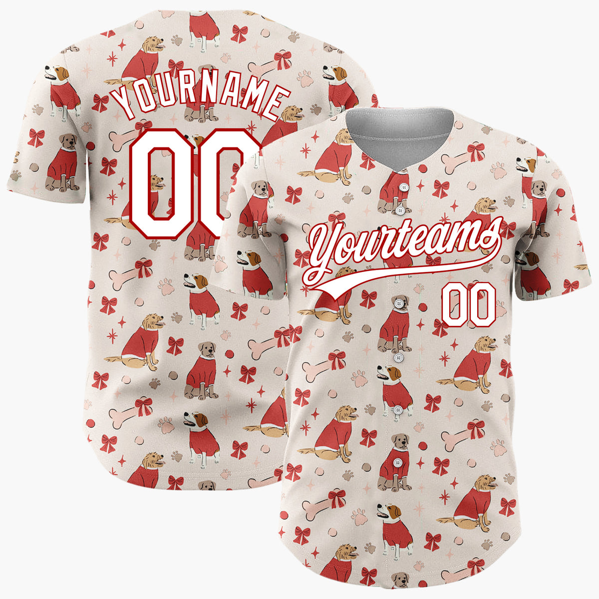 Custom Beige Red Dogs In Sweaters With Bows And Bones Cute Christmas Baseball Jersey