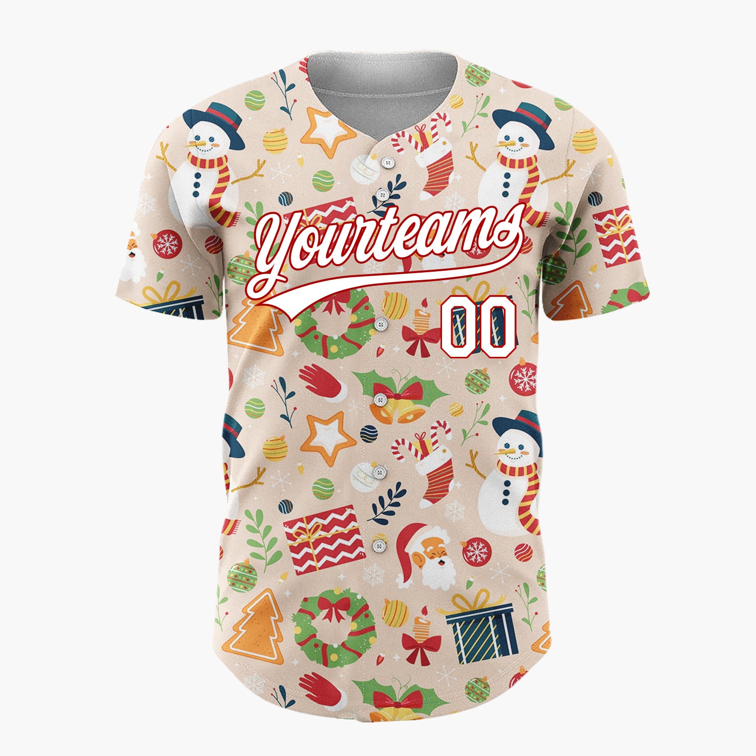 Custom Beige Snowman Gingerbread Cartoon Pattern Christmas Baseball Jersey