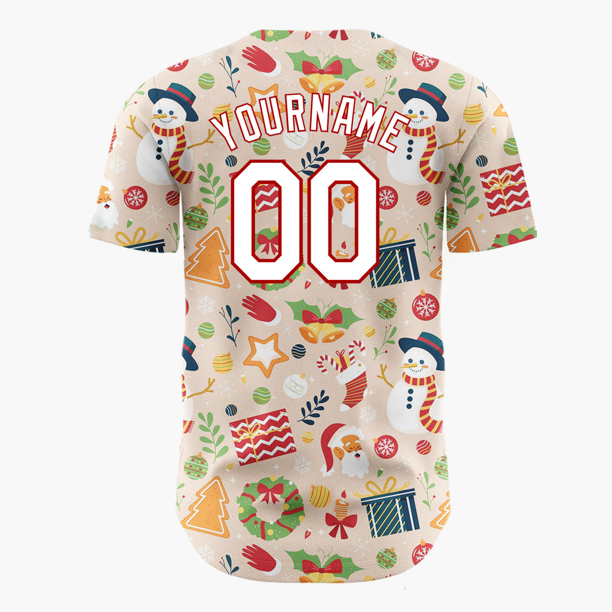Custom Beige Snowman Gingerbread Cartoon Pattern Christmas Baseball Jersey