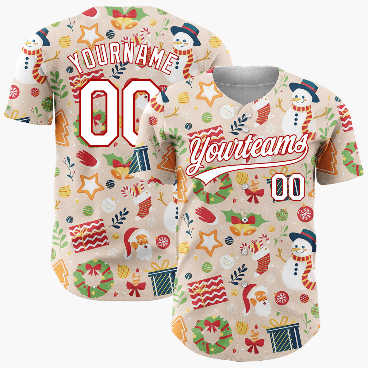 Custom Beige Snowman Gingerbread Cartoon Pattern Christmas Baseball Jersey