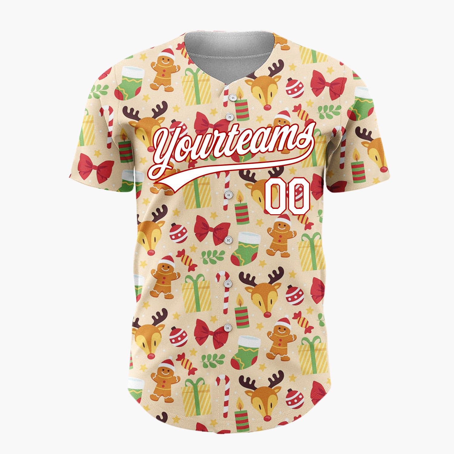 Custom Beige Reindeer Fox Woodland Animals Cartoon Pattern Christmas Baseball Jersey