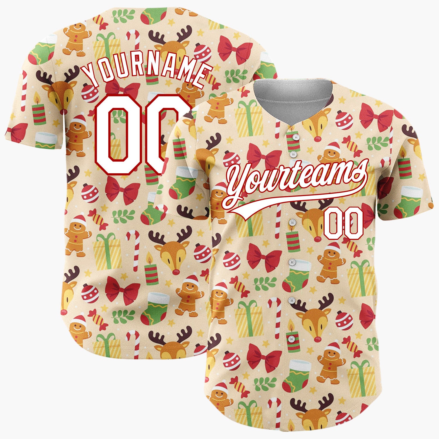 Custom Beige Reindeer Fox Woodland Animals Cartoon Pattern Christmas Baseball Jersey