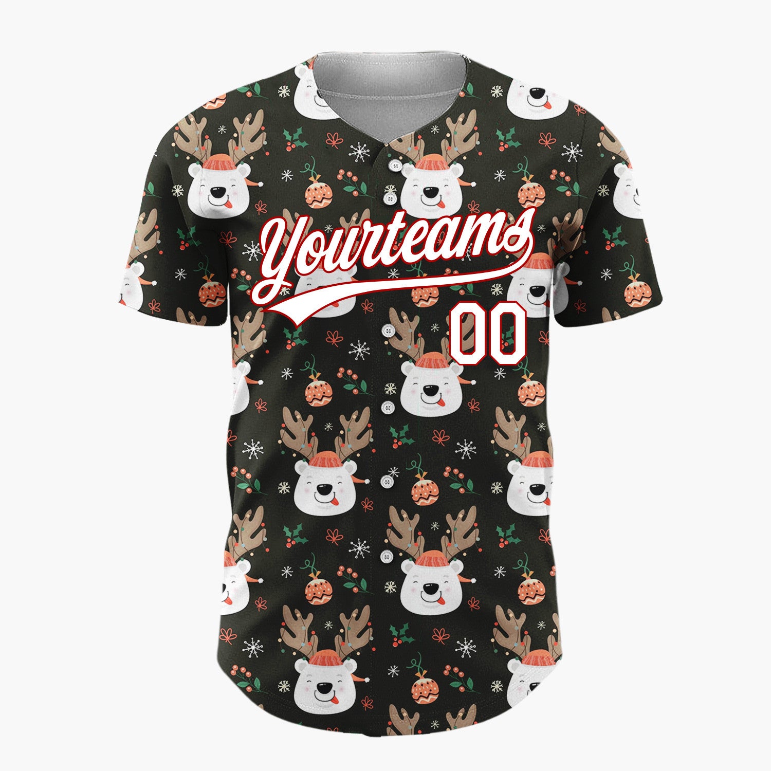 Custom Black Brown Bears Ornaments And Holly Cozy Holiday Pattern Christmas Baseball Jersey