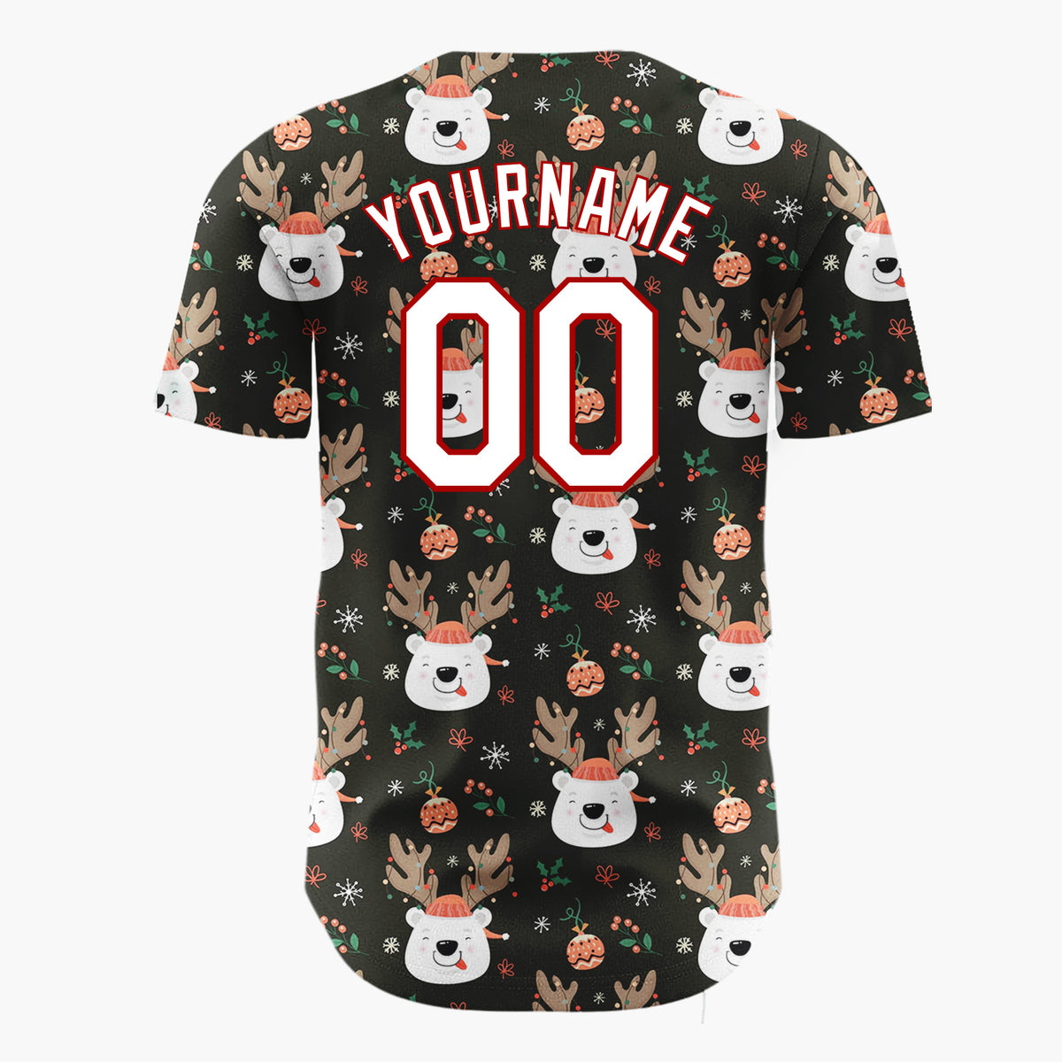 Custom Black Brown Bears Ornaments And Holly Cozy Holiday Pattern Christmas Baseball Jersey