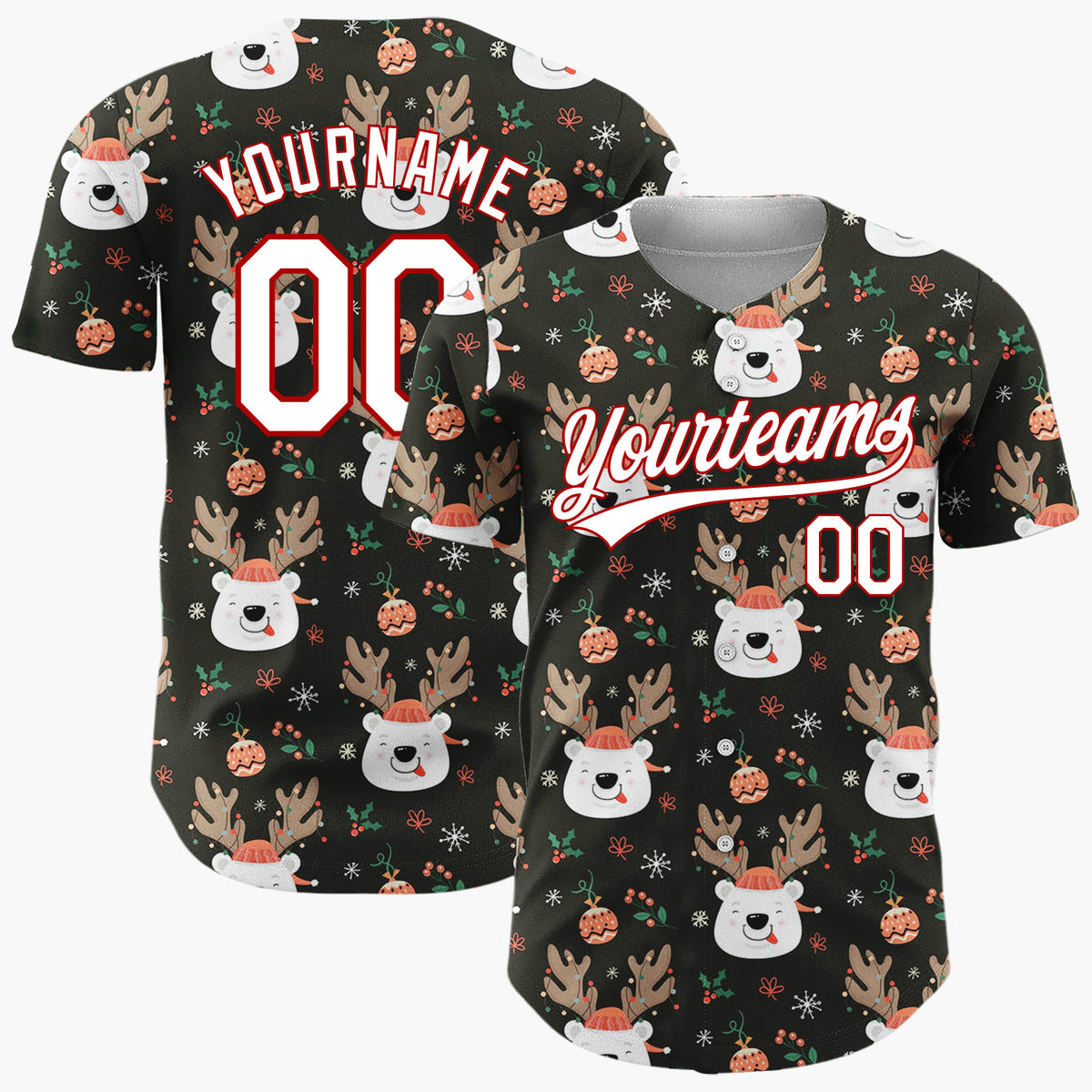 Custom Black Brown Bears Ornaments And Holly Cozy Holiday Pattern Christmas Baseball Jersey