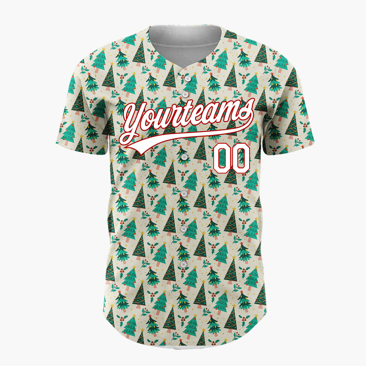 Custom Beige Christmas Trees Doodles Cartoon Pattern Christmas Baseball Jersey