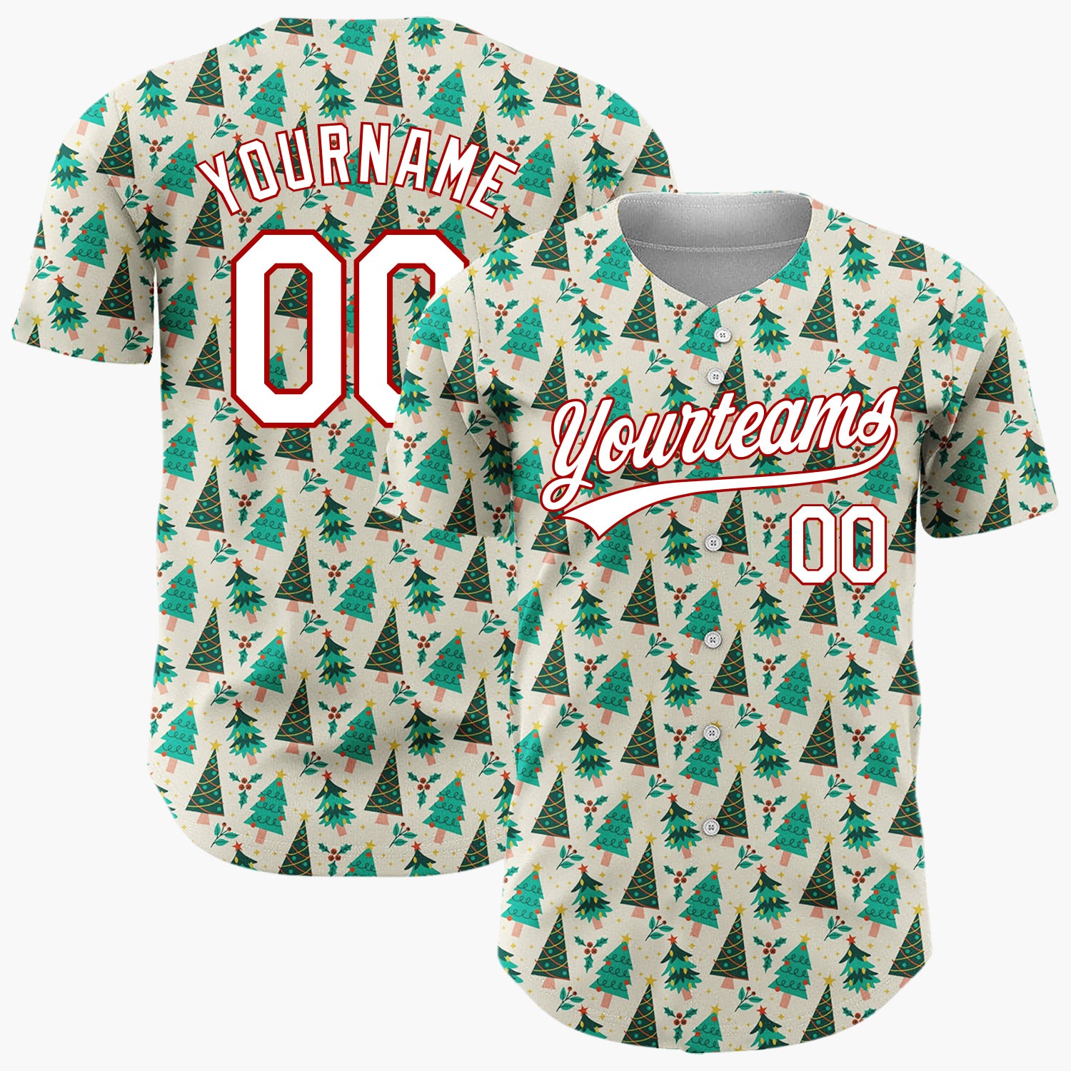 Custom Beige Christmas Trees Doodles Cartoon Pattern Christmas Baseball Jersey