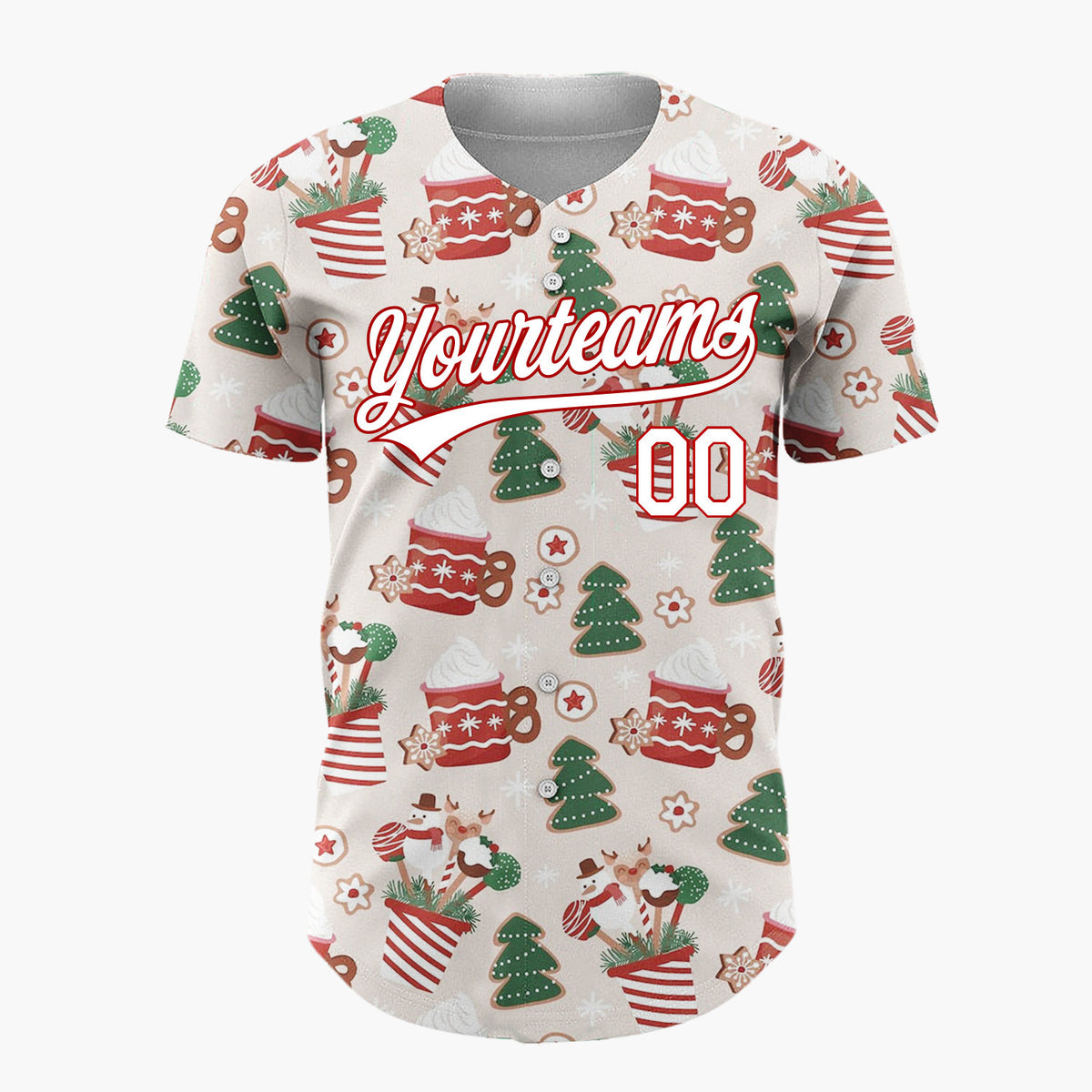 Custom Beige Red Green Cocoa Mugs Gingerbread Trees And Snowmen Christmas Baseball Jersey