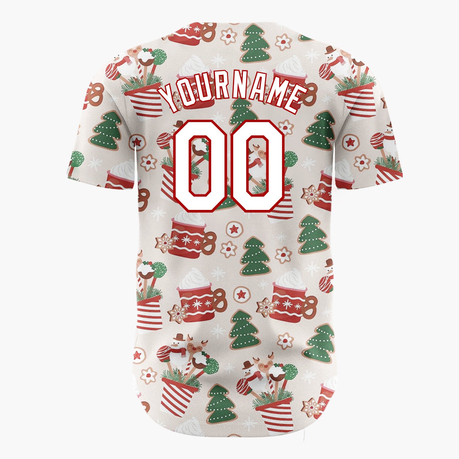 Custom Beige Red Green Cocoa Mugs Gingerbread Trees And Snowmen Christmas Baseball Jersey