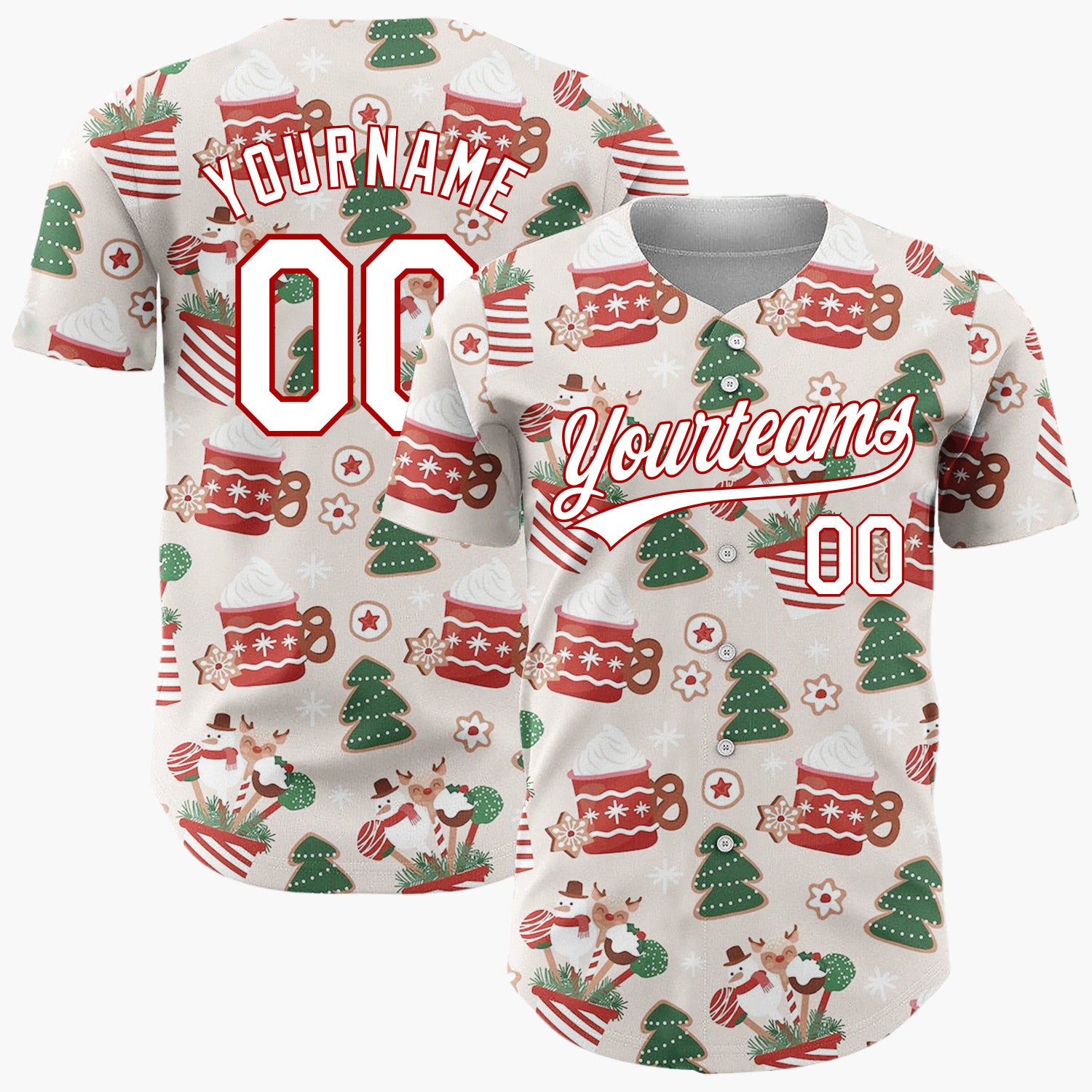 Custom Beige Red Green Cocoa Mugs Gingerbread Trees And Snowmen Christmas Baseball Jersey