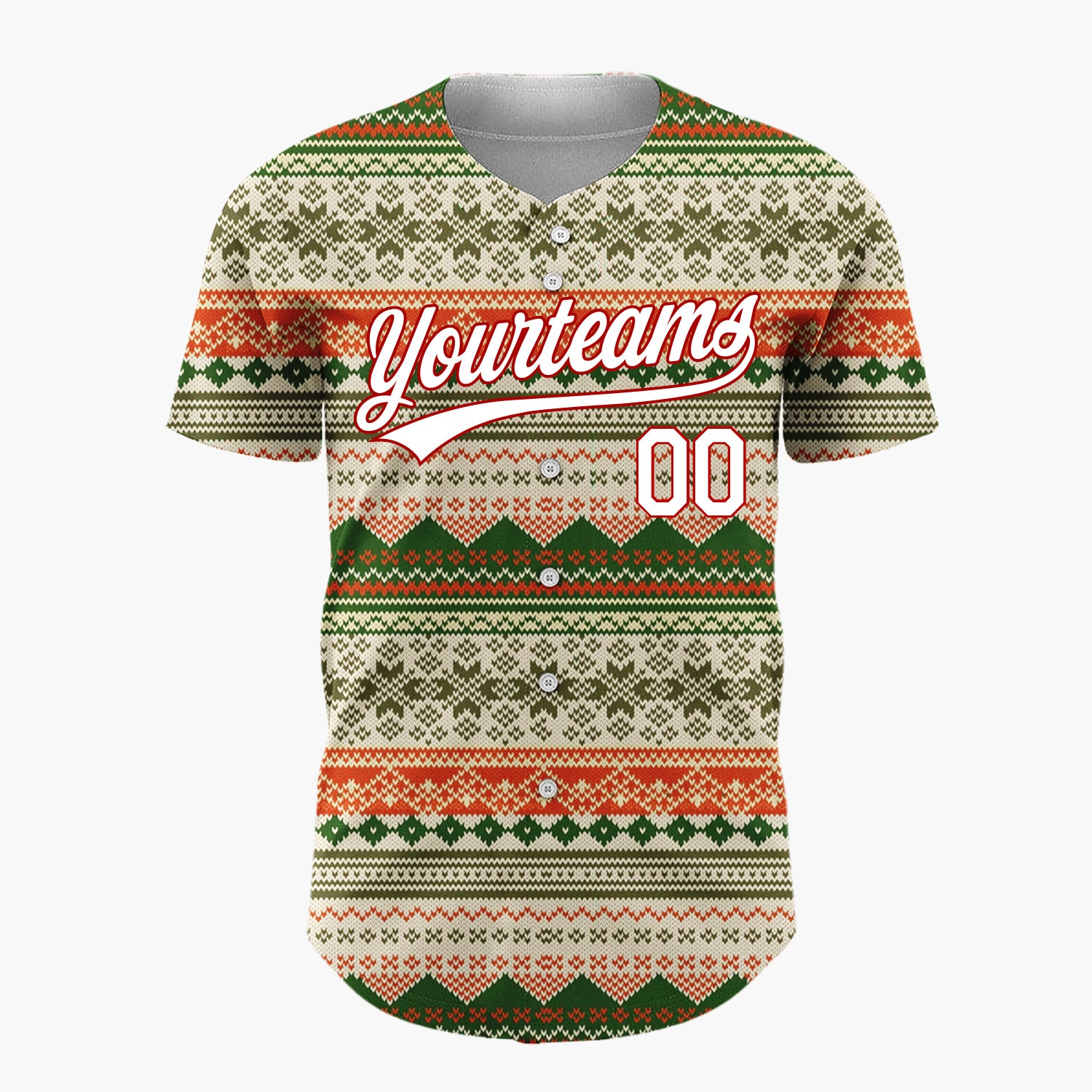 Custom Beige Green Red Nordic Geometric Knit Cozy Fair Isle Pattern Christmas Baseball Jersey