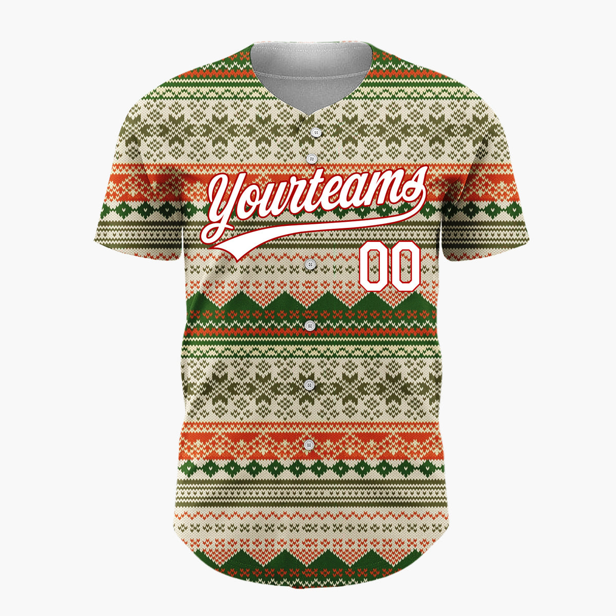 Custom Beige Green Red Nordic Geometric Knit Cozy Fair Isle Pattern Christmas Baseball Jersey