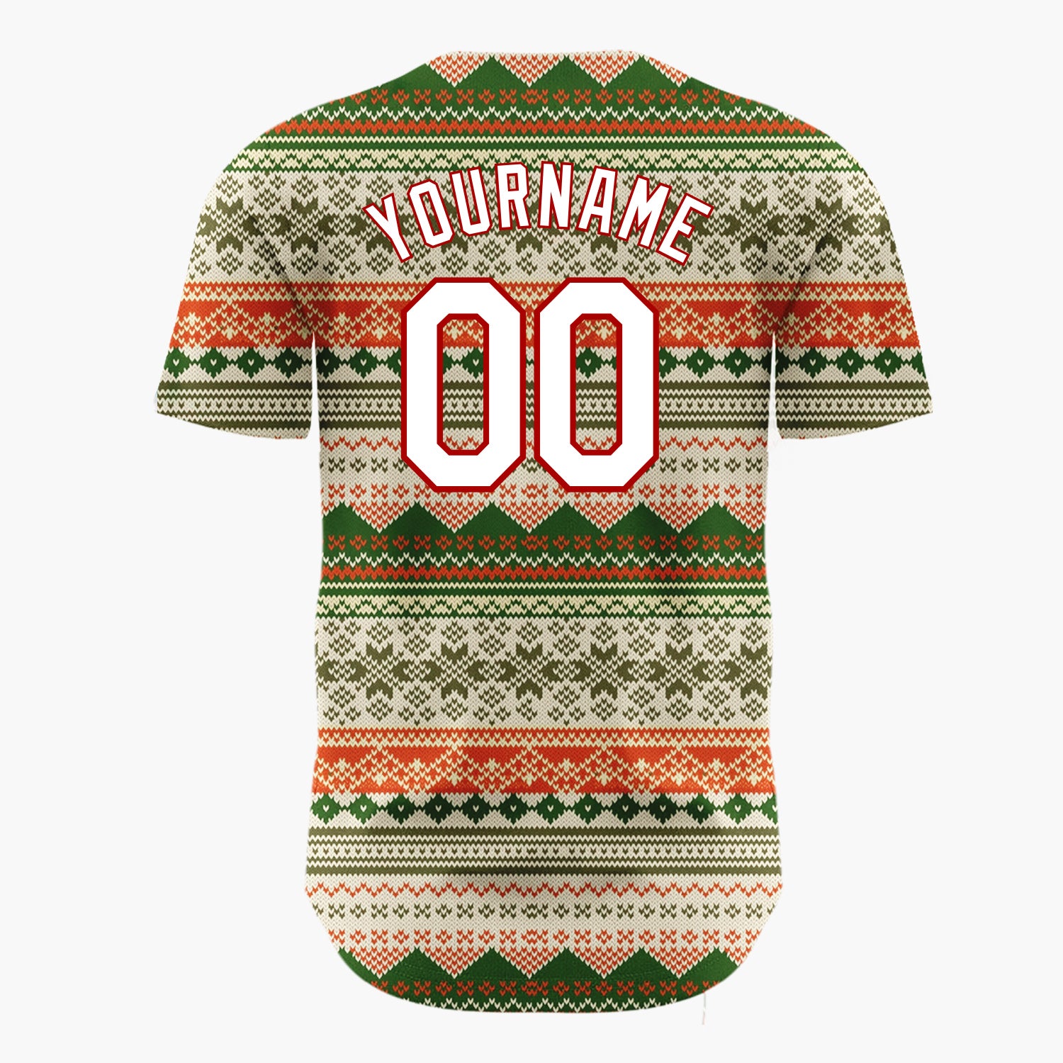 Custom Beige Green Red Nordic Geometric Knit Cozy Fair Isle Pattern Christmas Baseball Jersey