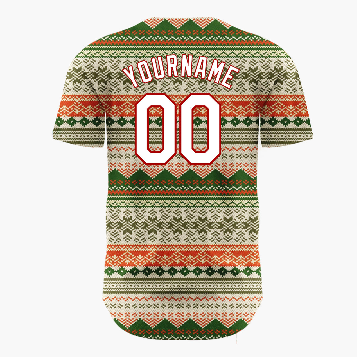 Custom Beige Green Red Nordic Geometric Knit Cozy Fair Isle Pattern Christmas Baseball Jersey