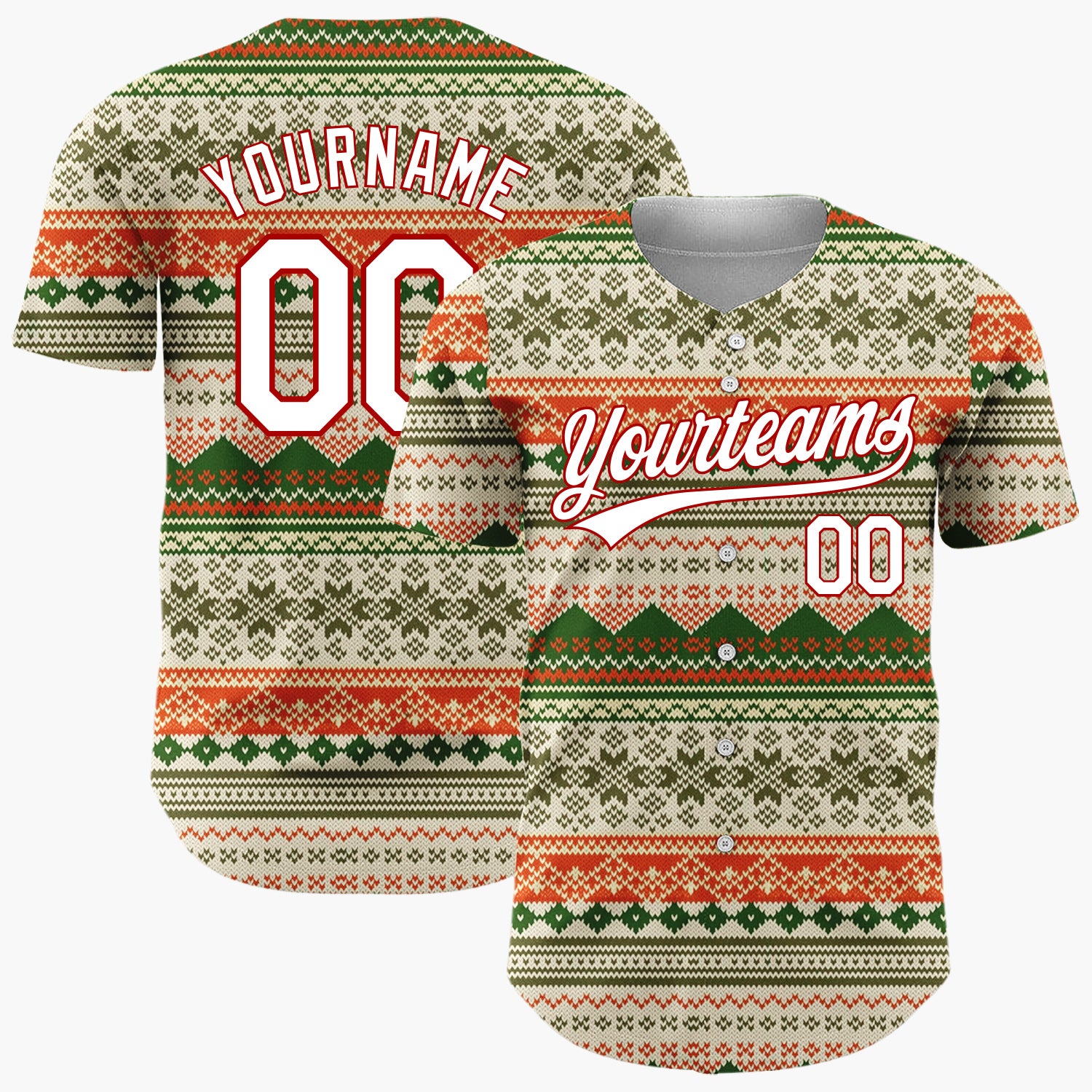 Custom Beige Green Red Nordic Geometric Knit Cozy Fair Isle Pattern Christmas Baseball Jersey
