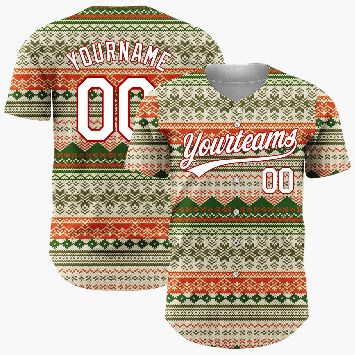 Custom Beige Green Red Nordic Geometric Knit Cozy Fair Isle Pattern Christmas Baseball Jersey