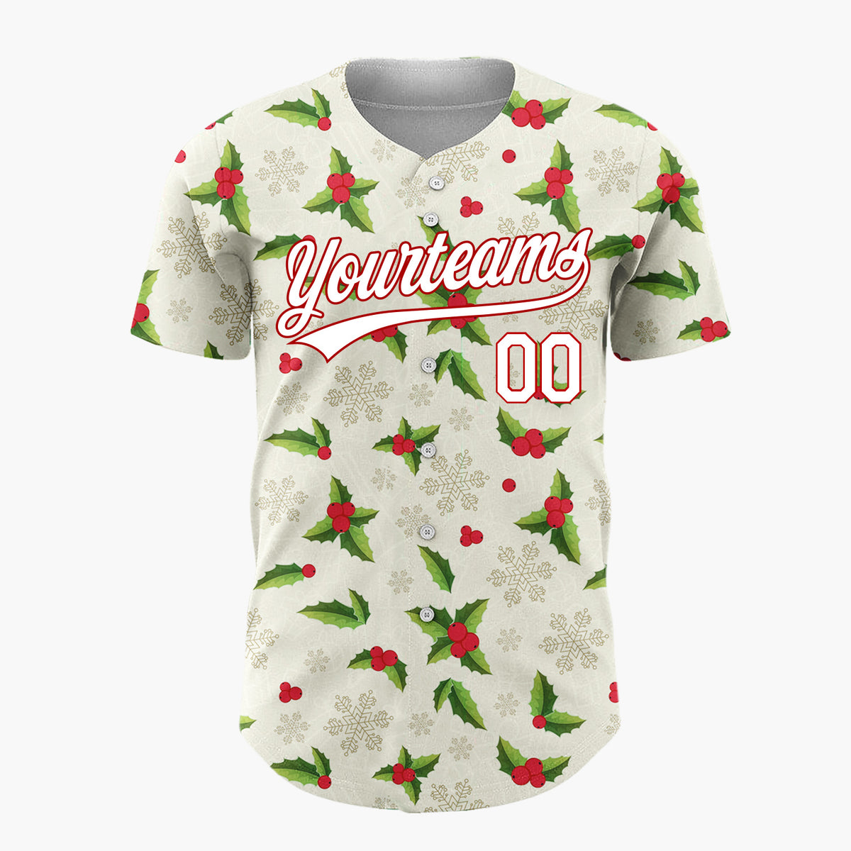 Custom Beige Green Holly Berries And Snowflakes Christmas Botanical Pattern Christmas Baseball Jersey