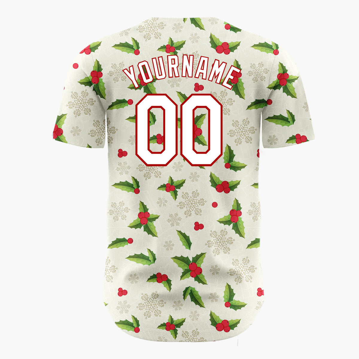 Custom Beige Green Holly Berries And Snowflakes Christmas Botanical Pattern Christmas Baseball Jersey