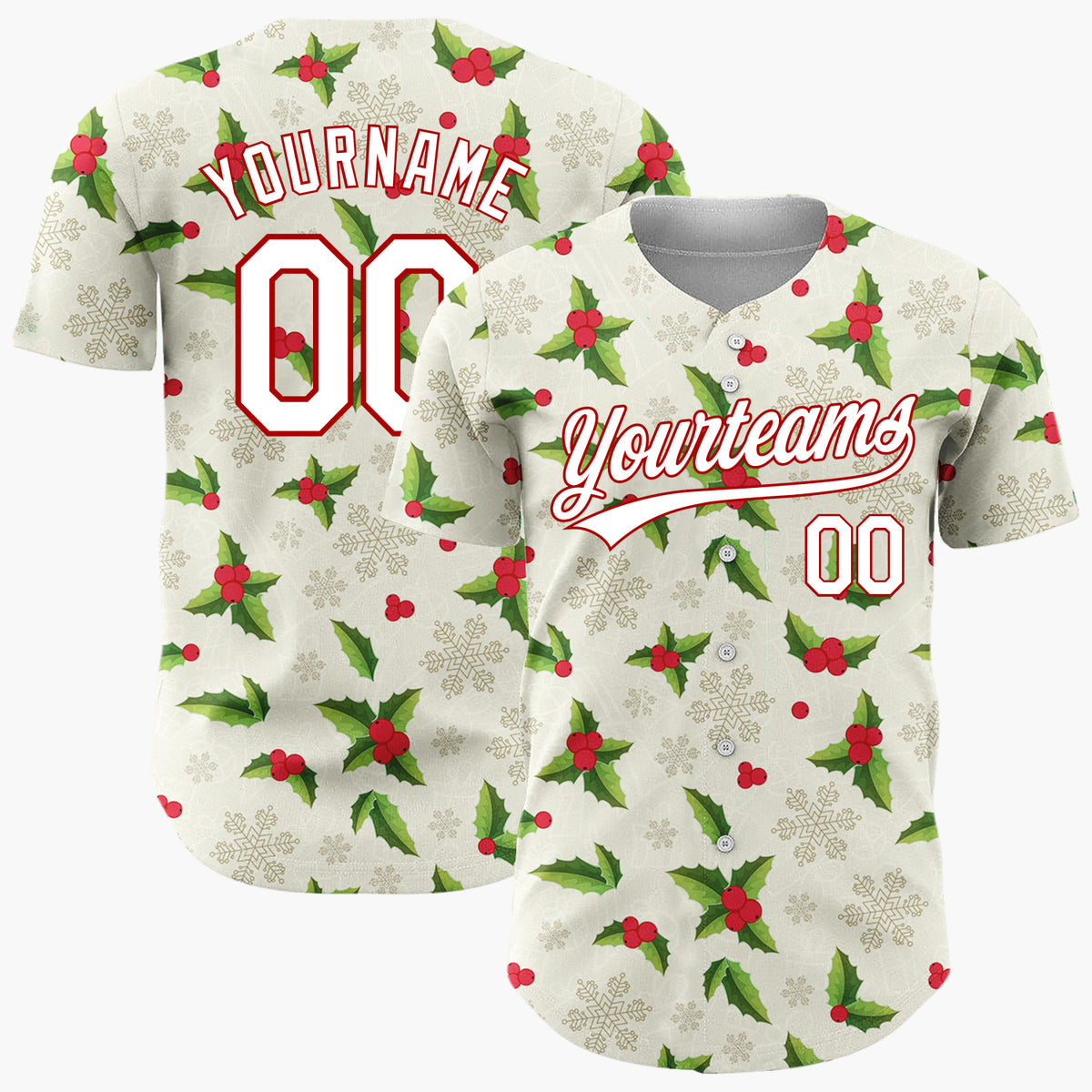 Custom Beige Green Holly Berries And Snowflakes Christmas Botanical Pattern Christmas Baseball Jersey