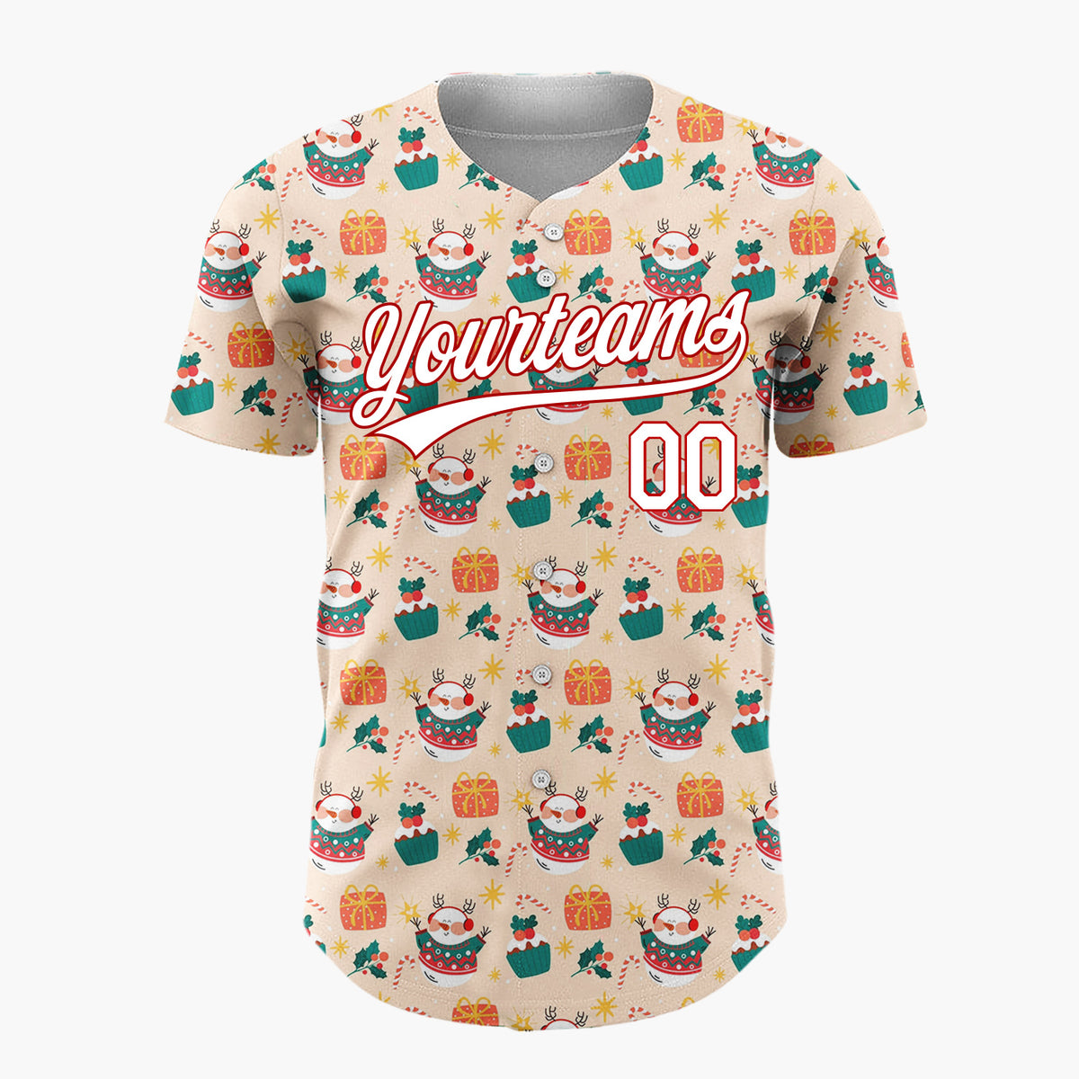 Custom Beige Santa Snowman Gift Boxes Cartoon Pattern Christmas Baseball Jersey