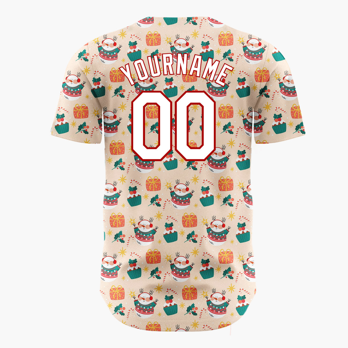 Custom Beige Santa Snowman Gift Boxes Cartoon Pattern Christmas Baseball Jersey