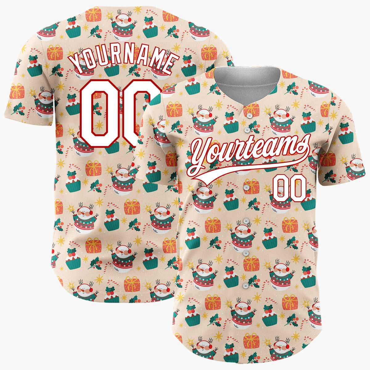 Custom Beige Santa Snowman Gift Boxes Cartoon Pattern Christmas Baseball Jersey