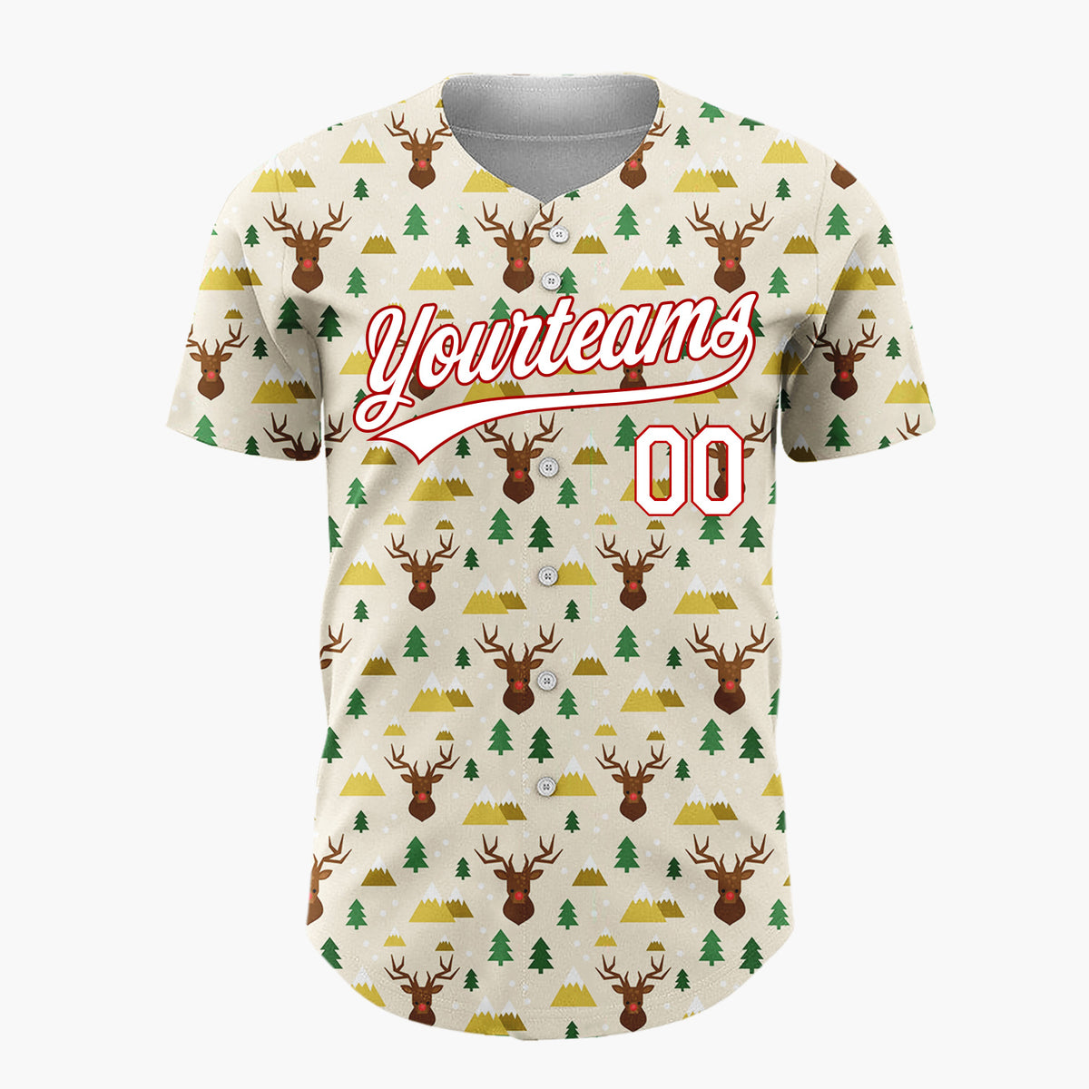 Custom Beige Reindeer Christmas Trees Cartoon Pattern Christmas Baseball Jersey