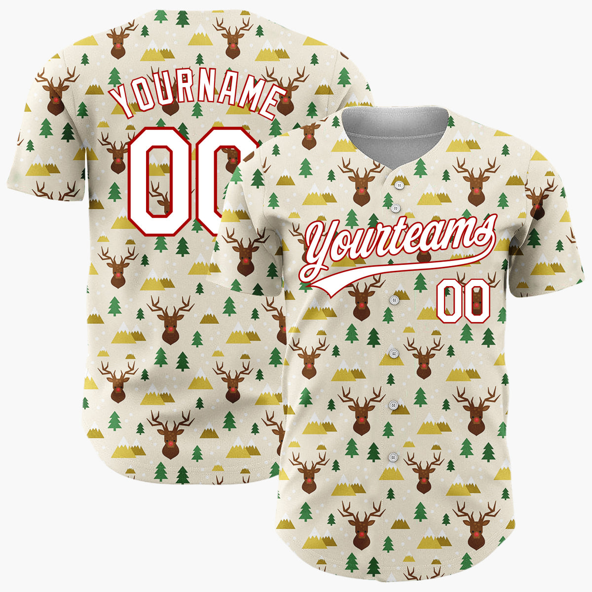 Custom Beige Reindeer Christmas Trees Cartoon Pattern Christmas Baseball Jersey