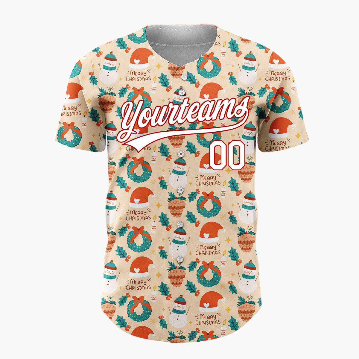 Custom Beige Christmas Baubles Holiday Cheer Cartoon Pattern Christmas Baseball Jersey