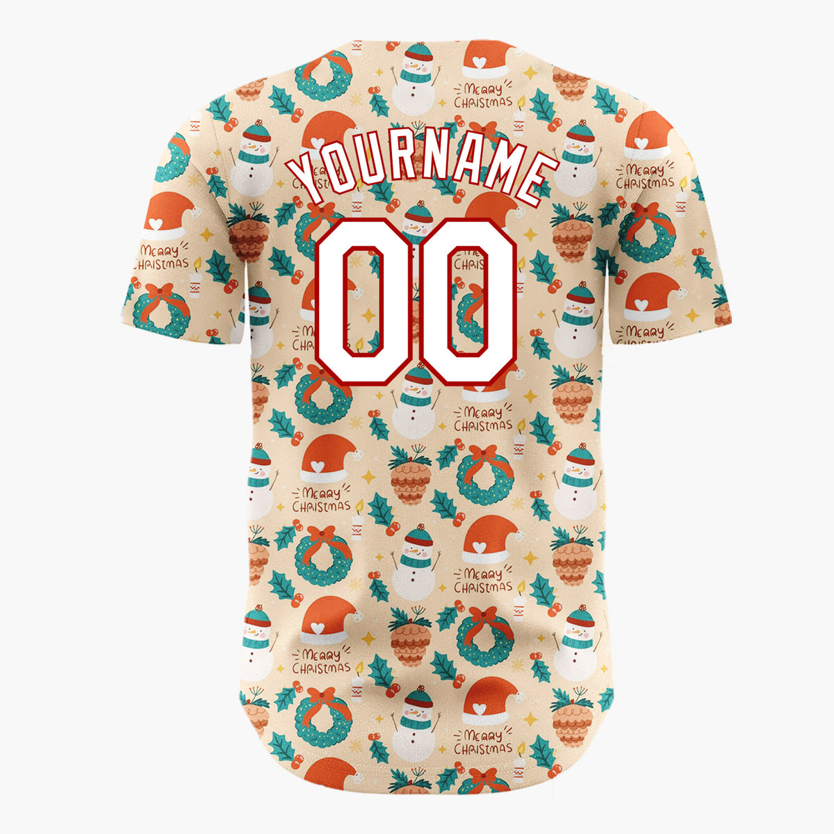 Custom Beige Christmas Baubles Holiday Cheer Cartoon Pattern Christmas Baseball Jersey