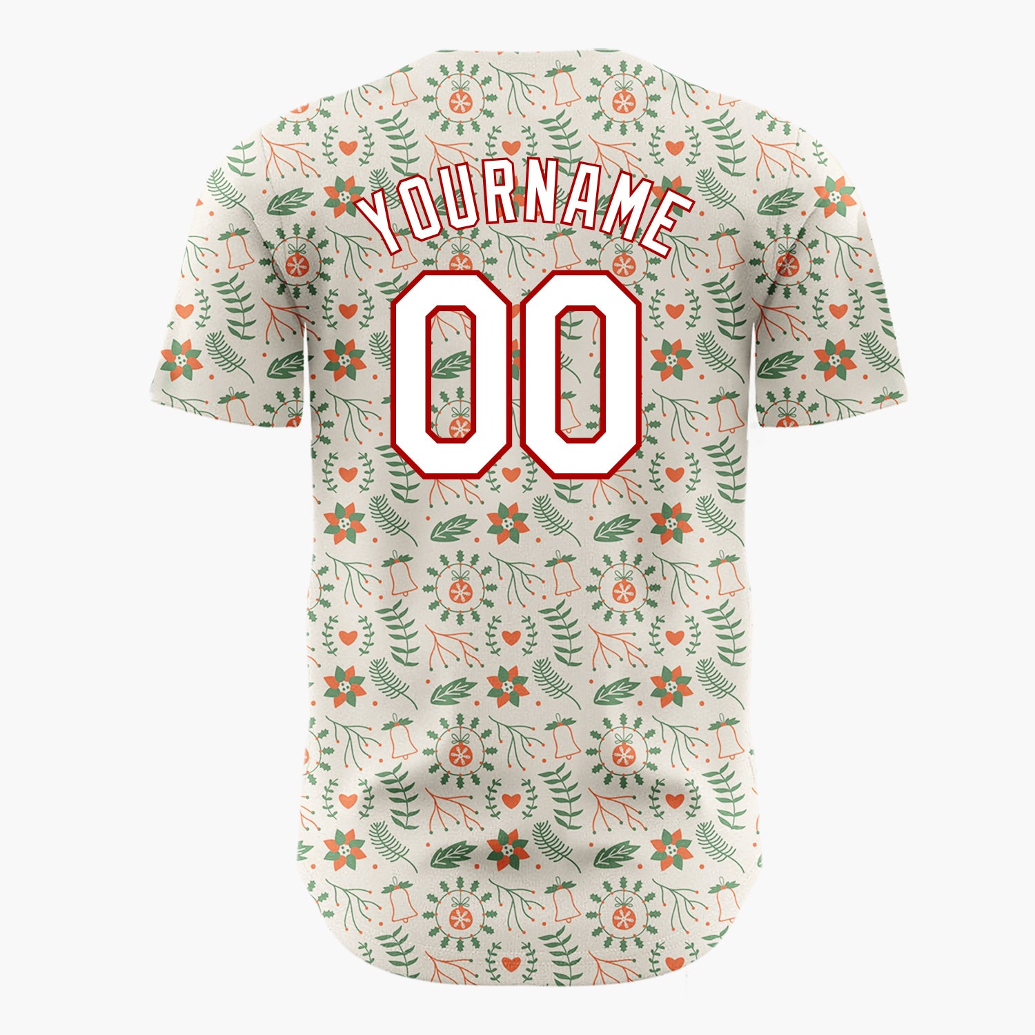 Custom Beige Green Red Flowers Bells And Hearts Nordic Christmas Baseball Jersey
