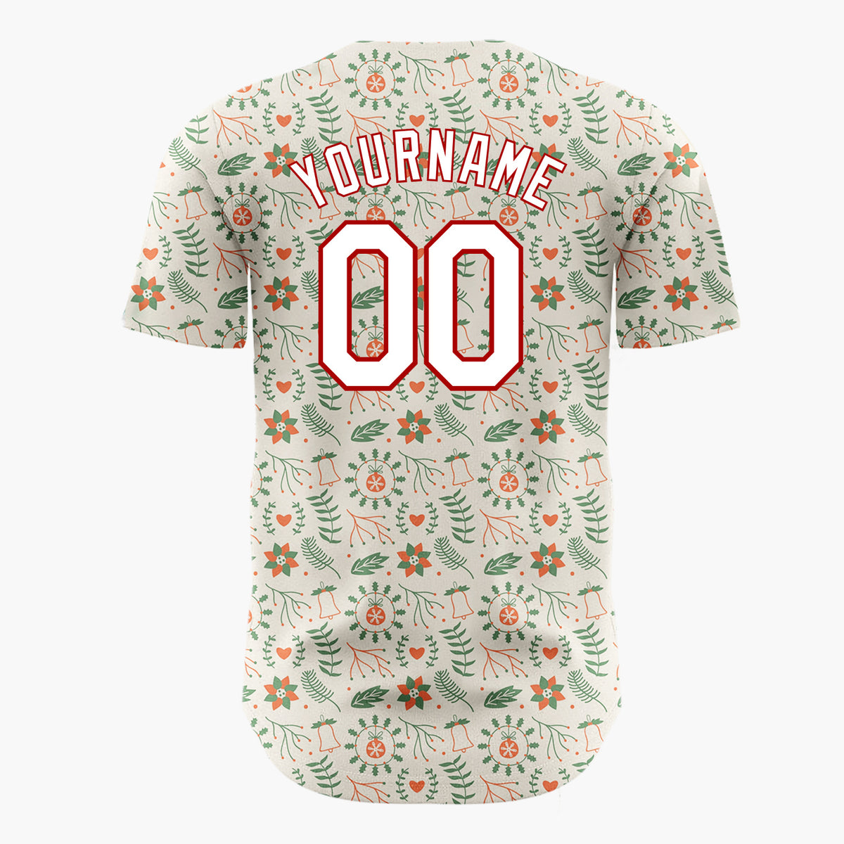 Custom Beige Green Red Flowers Bells And Hearts Nordic Christmas Baseball Jersey