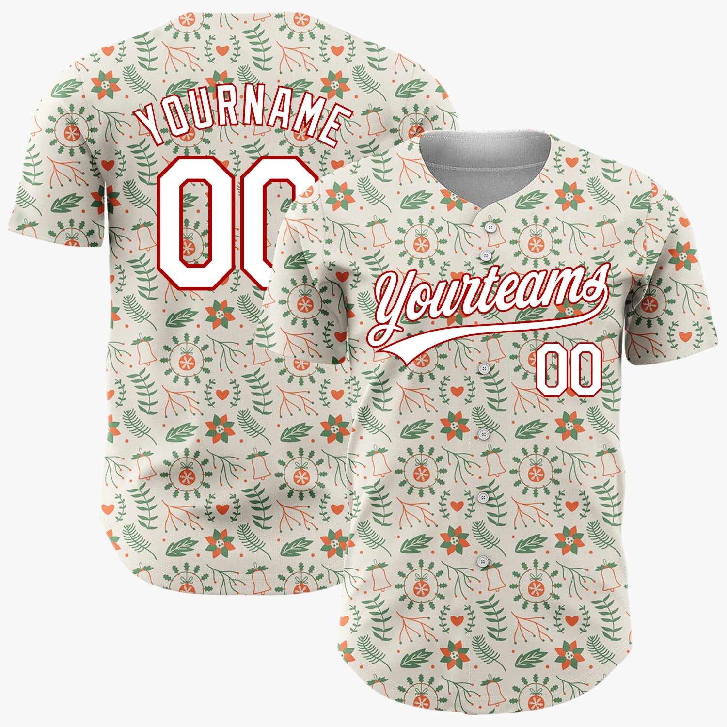 Custom Beige Green Red Flowers Bells And Hearts Nordic Christmas Baseball Jersey