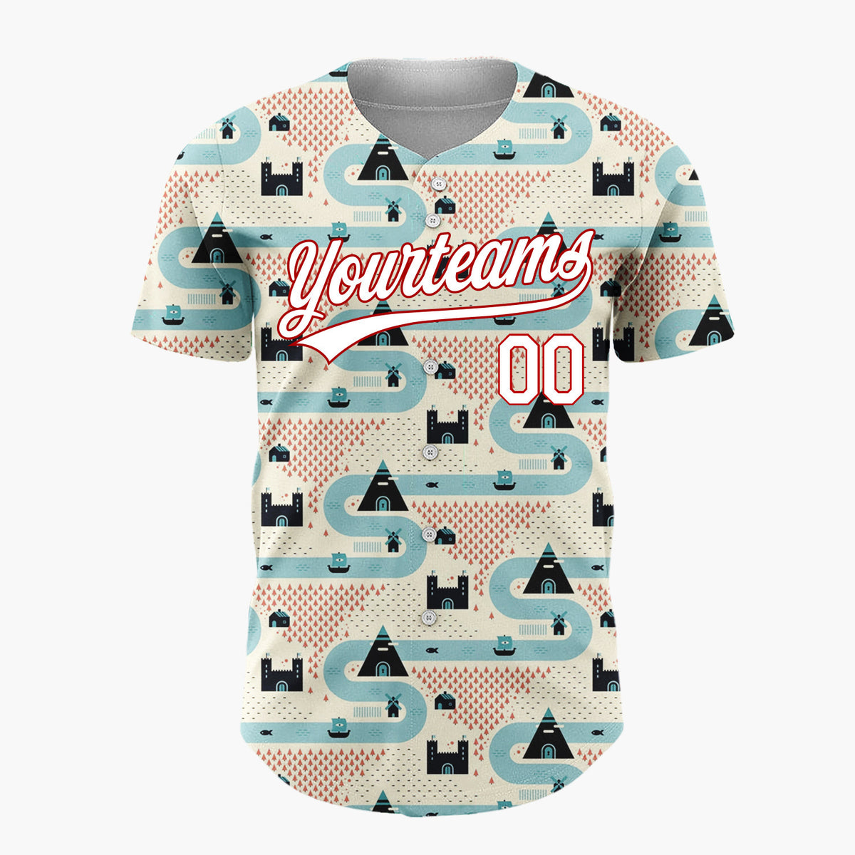 Custom Beige Blue Castles Mountains And Rivers Retro Geometric Pattern Christmas Baseball Jersey