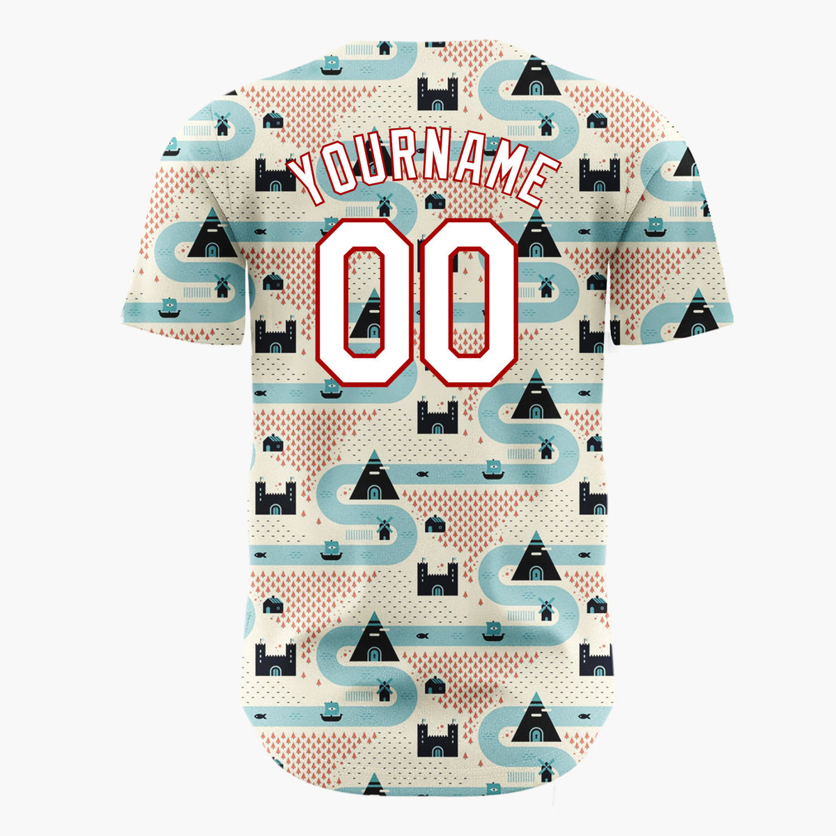 Custom Beige Blue Castles Mountains And Rivers Retro Geometric Pattern Christmas Baseball Jersey