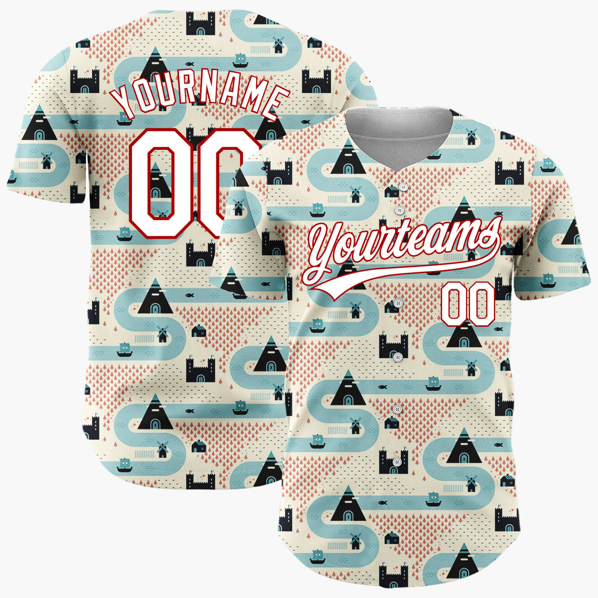 Custom Beige Blue Castles Mountains And Rivers Retro Geometric Pattern Christmas Baseball Jersey