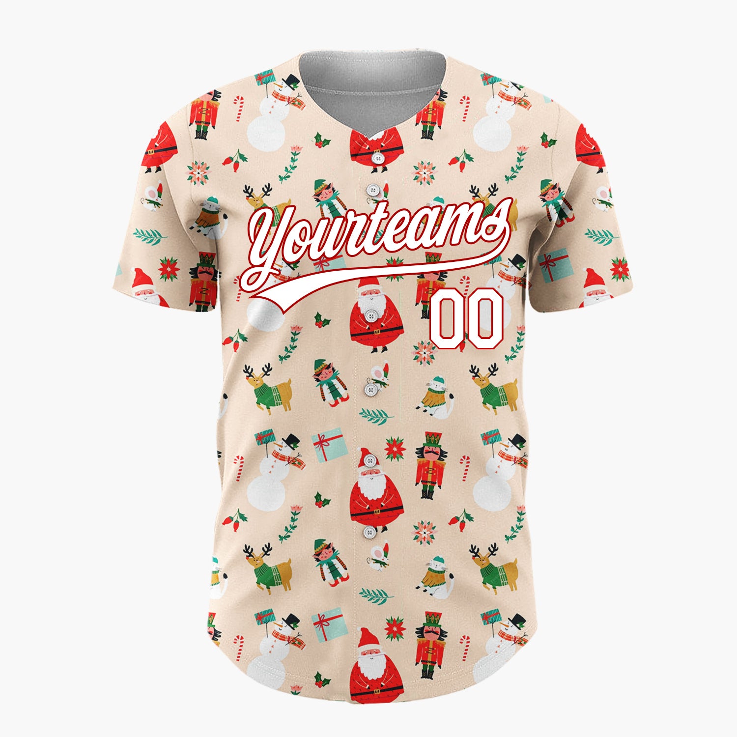 Custom Beige Santa Elf Whimsical Faces Cartoon Pattern Christmas Baseball Jersey