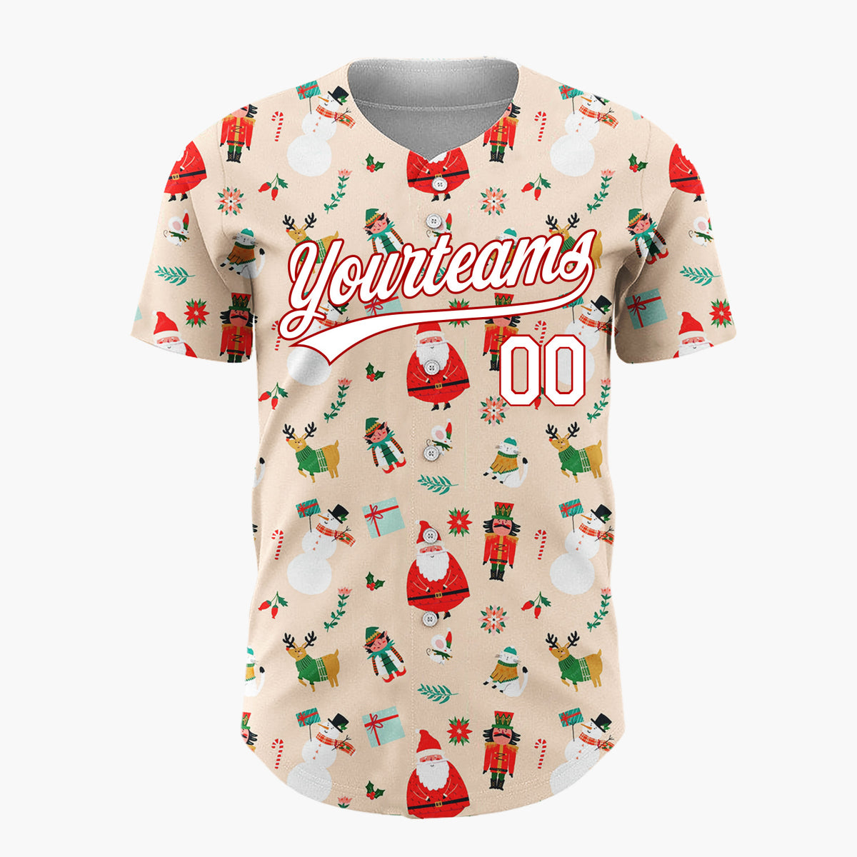 Custom Beige Santa Elf Whimsical Faces Cartoon Pattern Christmas Baseball Jersey