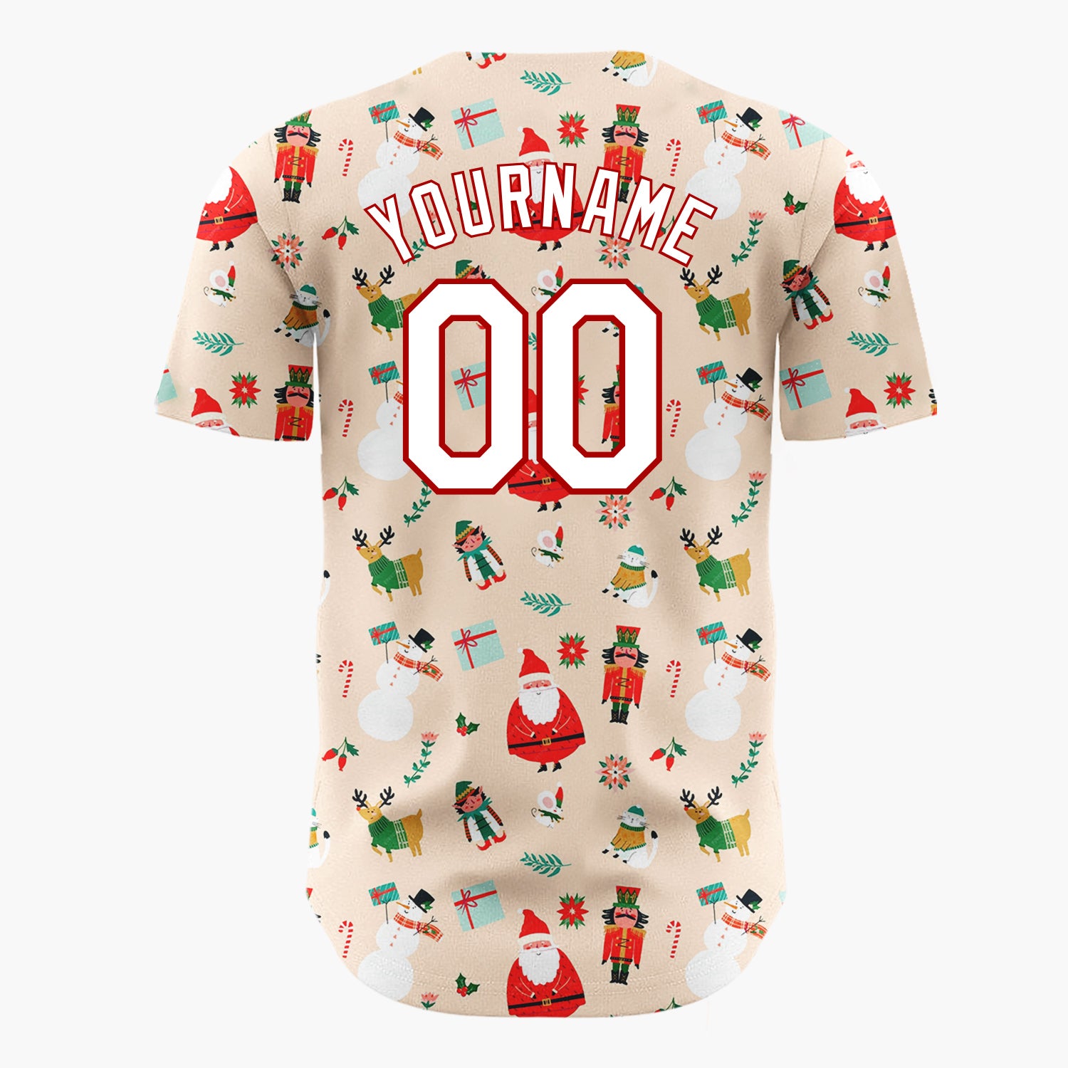 Custom Beige Santa Elf Whimsical Faces Cartoon Pattern Christmas Baseball Jersey