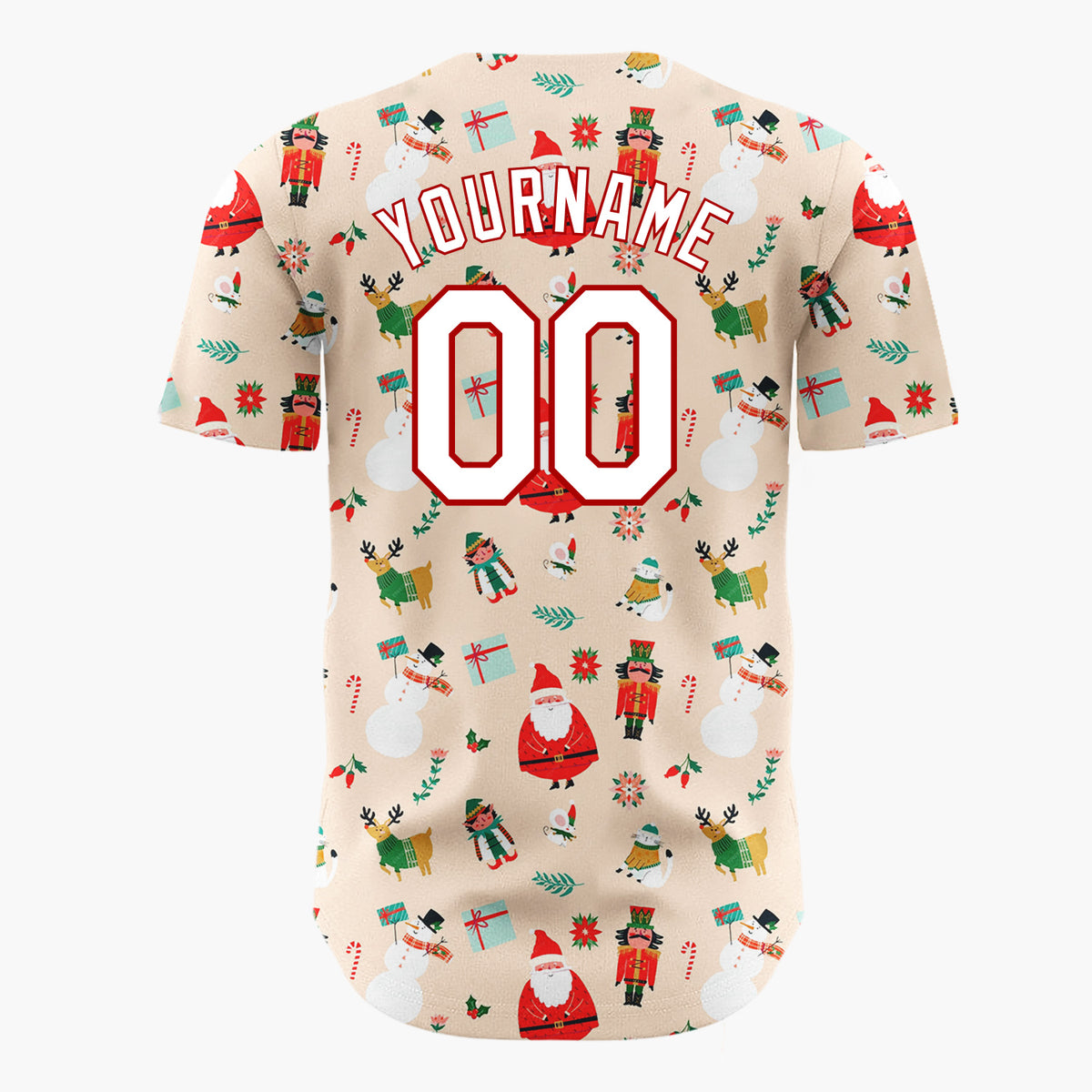 Custom Beige Santa Elf Whimsical Faces Cartoon Pattern Christmas Baseball Jersey