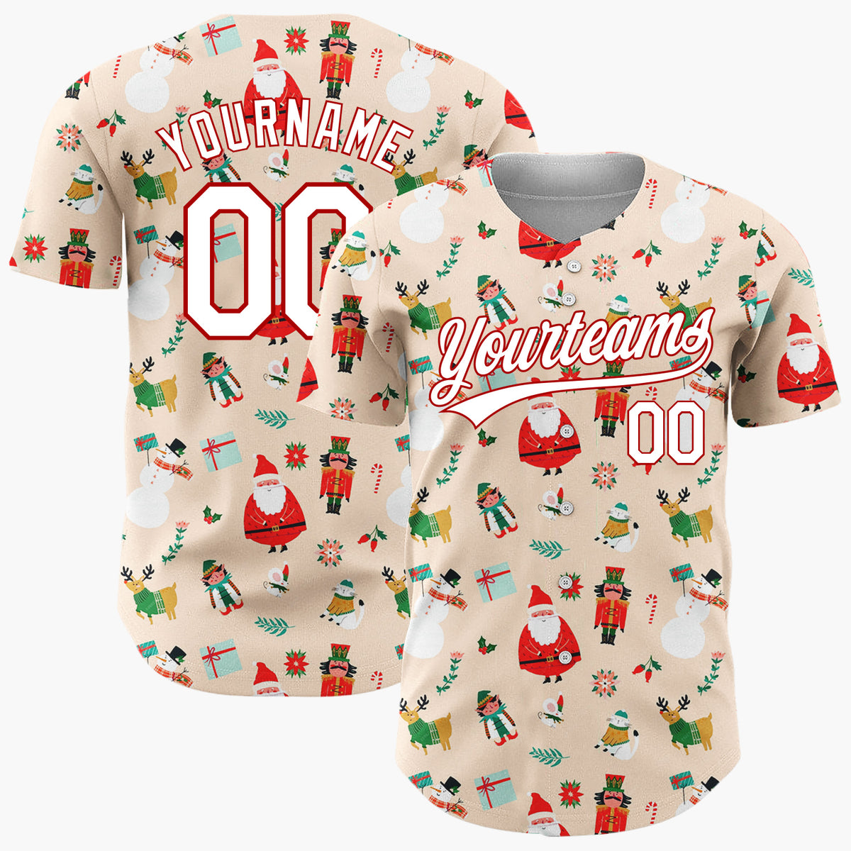 Custom Beige Santa Elf Whimsical Faces Cartoon Pattern Christmas Baseball Jersey