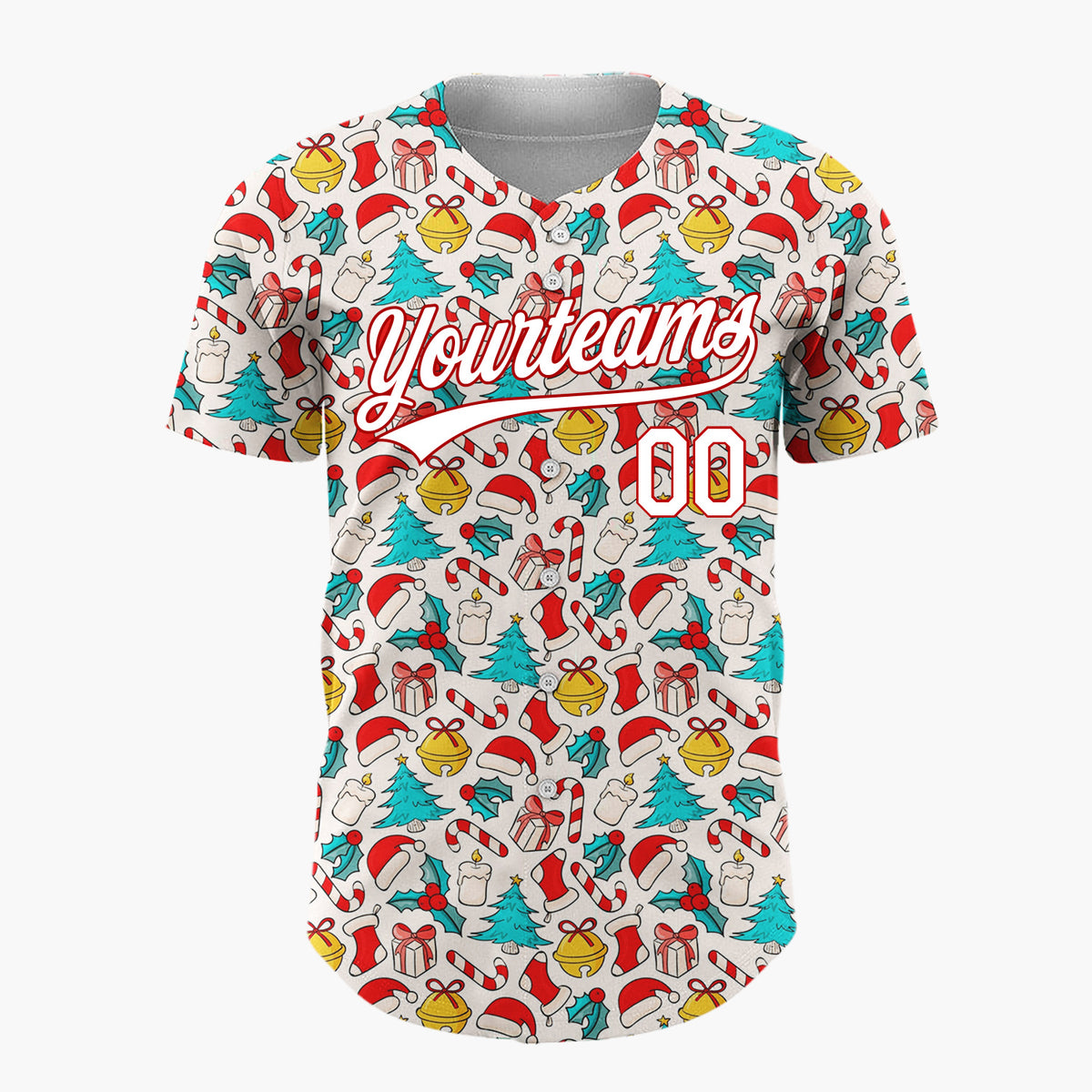 Custom Beige Red Blue Santa Hats And Bells Vintage Icon Pattern Christmas Baseball Jersey