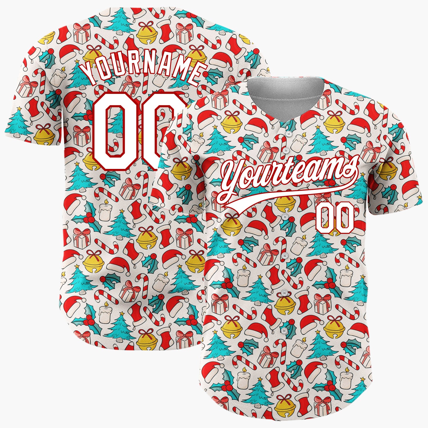 Custom Beige Red Blue Santa Hats And Bells Vintage Icon Pattern Christmas Baseball Jersey