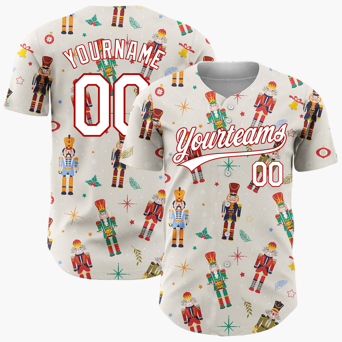 Custom Beige Nutcrackers Holiday Festive Illustration Christmas Baseball Jersey