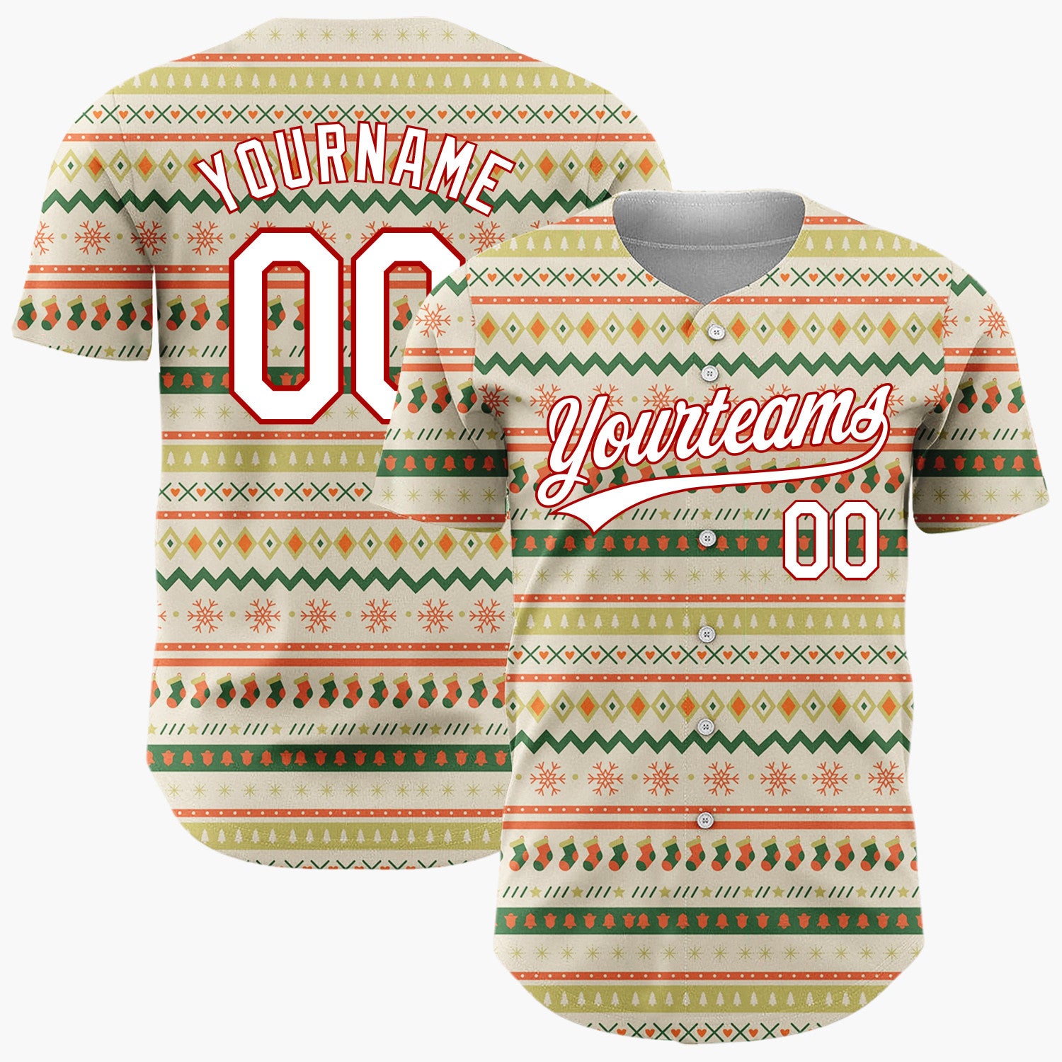 Custom Beige Christmas Stripes Geometric Nordic Pattern Christmas Baseball Jersey